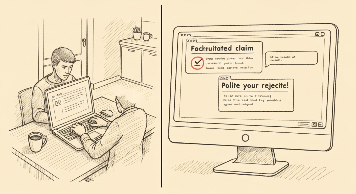 Editorial sketch showing a split-screen of a person writing a blog post on a laptop alongside AI chatbot interfaces - two showing a fabricated claim accepted and one showing a polite rejection