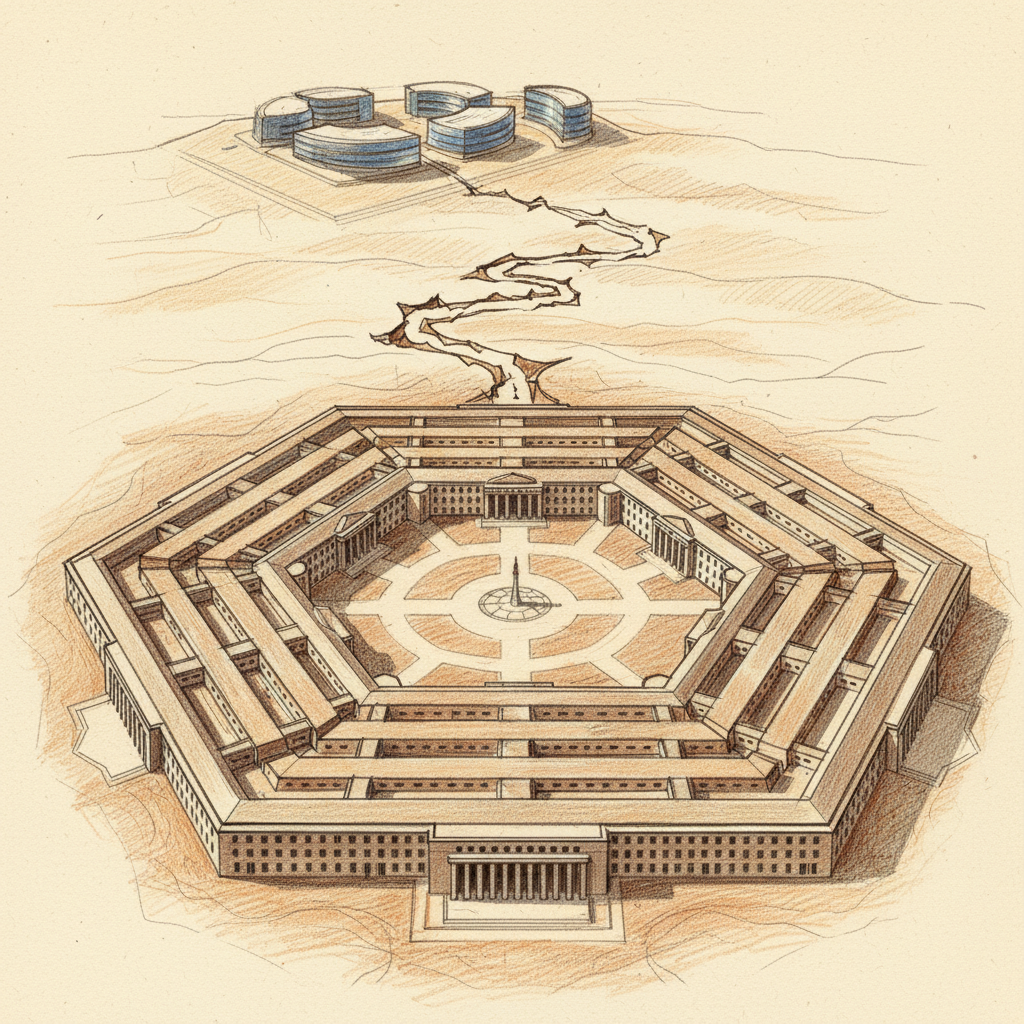 Editorial pencil sketch of an empty open-plan office with vacant desks, a robot figure working at a laptop, and a large upward stock arrow on the left, illustrating the contrast between mass layoffs and investor celebration