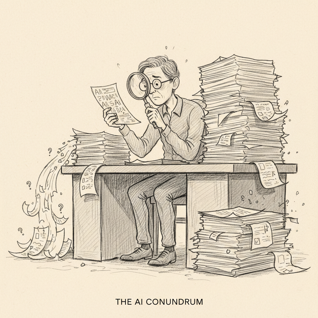 Editorial sketch of a person at a desk reviewing AI-generated documents with a magnifying glass, some documents dissolving into question marks — representing hallucination and unreliability