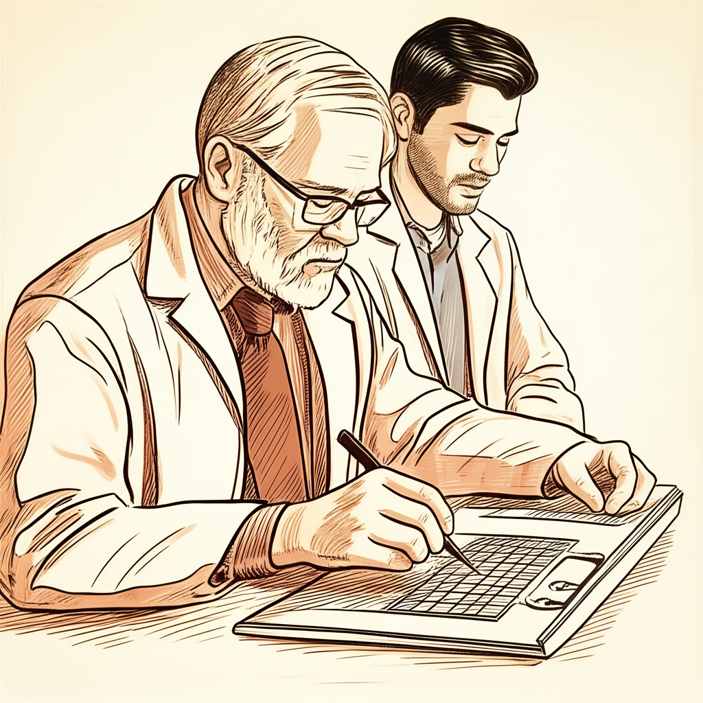 Editorial pencil sketch of semiconductor engineers examining circuit boards and silicon wafers in a lab environment
