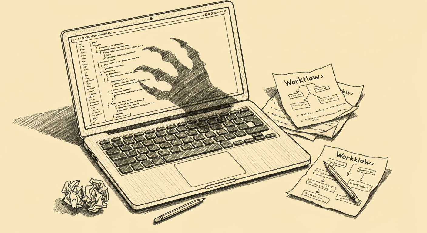 Editorial sketch of a laptop displaying lines of code with a menacing claw-like shadow falling across the keyboard, surrounded by crumpled papers showing workflow diagrams