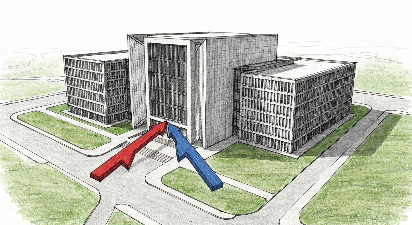 Editorial pencil sketch of the Pentagon building with competing forces represented by opposing arrows at its entrance, symbolizing the AI governance standoff