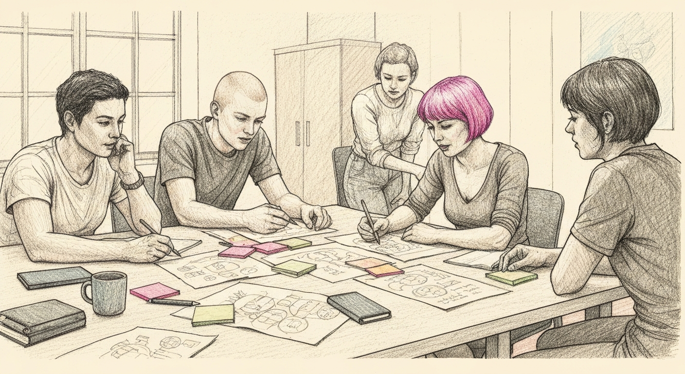 Editorial sketch of defense contractors reviewing compliance documents at a boardroom table