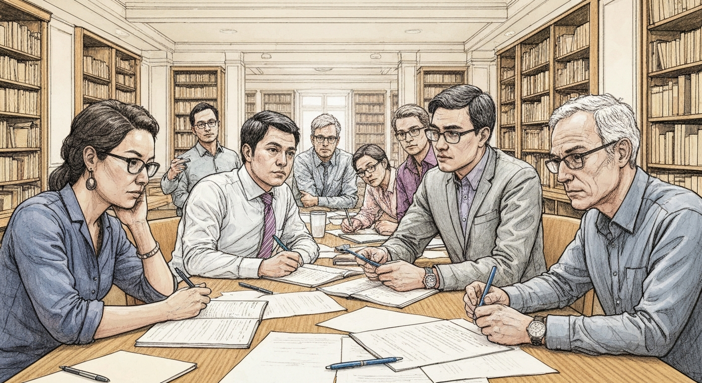 Editorial sketch of researchers gathered around a table reviewing benchmark evaluation reports in a university research office