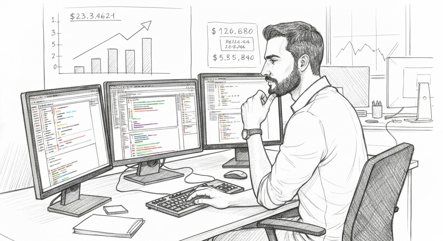 Editorial sketch of a developer at a desk with code on dual monitors and a revenue growth chart on a whiteboard
