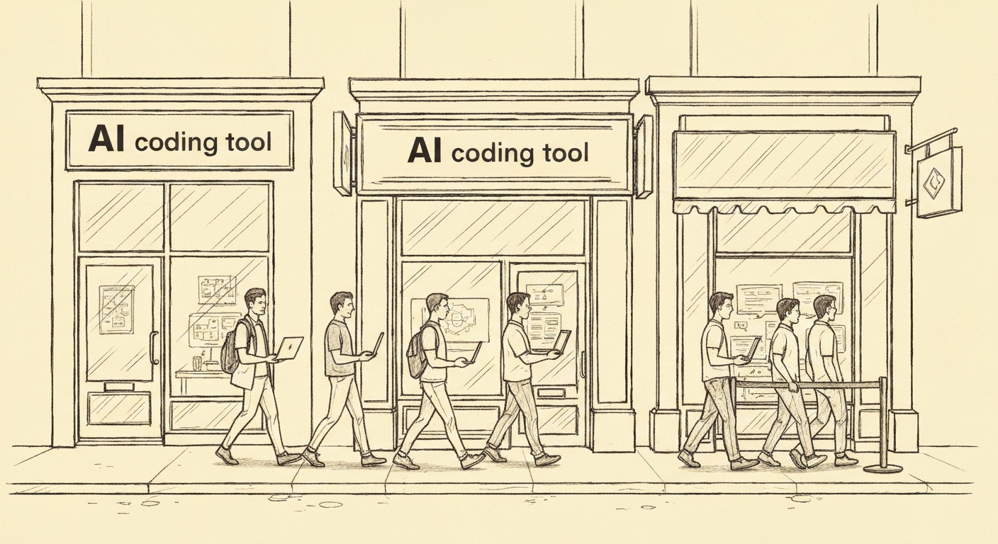 Editorial sketch of competing AI coding tool storefronts with developers choosing between options, one shop with a long queue of customers