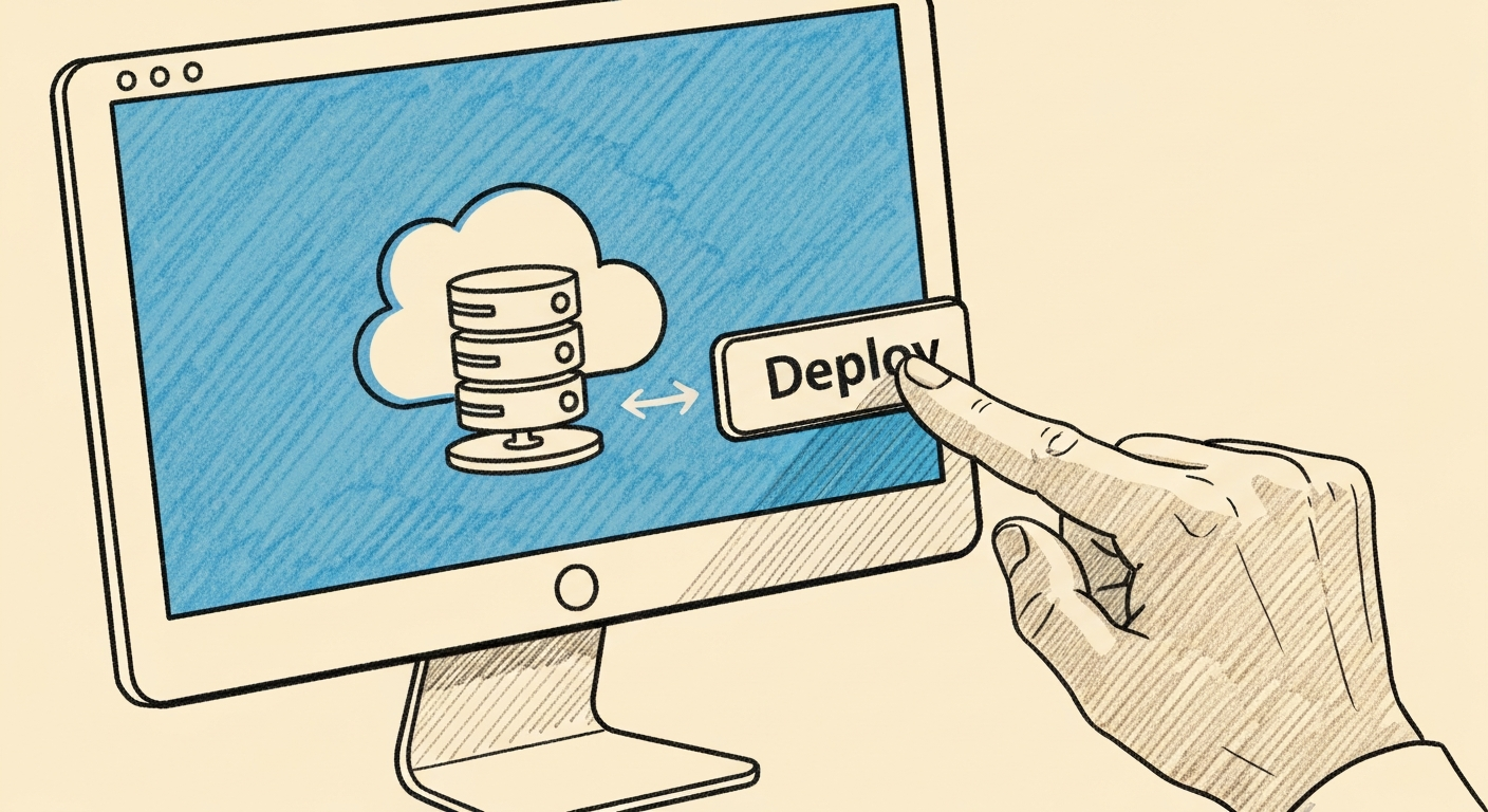 Editorial sketch of a hand clicking a Deploy button on a screen with a cloud server icon appearing, illustrating one-click deployment simplicity