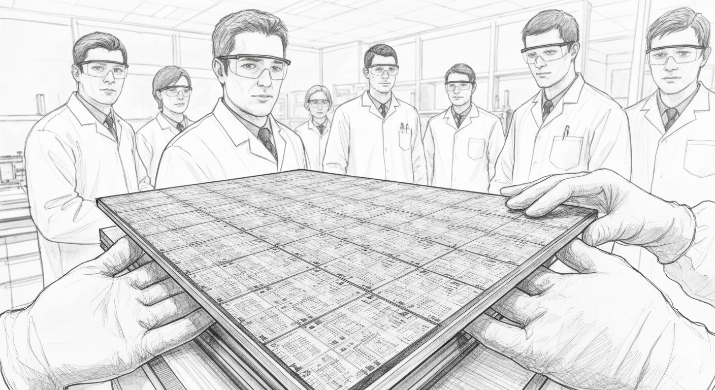 Editorial sketch of a semiconductor wafer in a clean-room laboratory, representing US chip export control policy