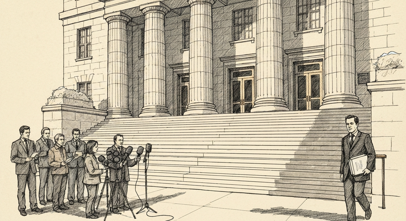 Editorial sketch of a government rubber stamp marking 'SUPPLY CHAIN RISK' over an AI company logo on a government building window