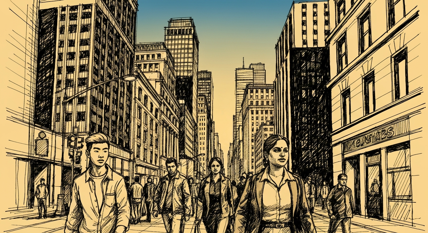 Editorial sketch of an attorney at a courtroom podium with legal briefs before a judge's bench and scales of justice