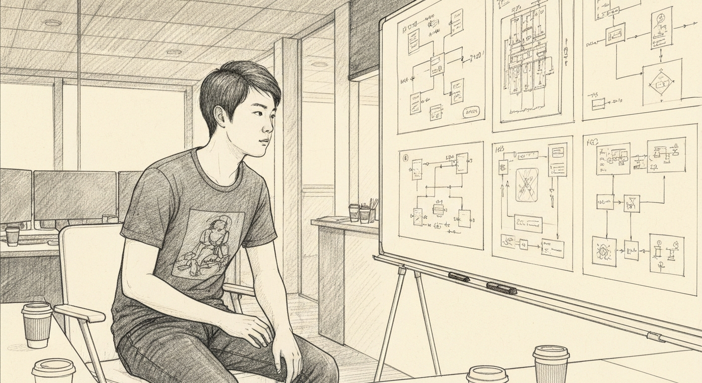 Editorial pencil sketch of a software engineer staring at a frozen terminal screen showing Service Unavailable errors, empty coffee cups nearby in a nighttime office