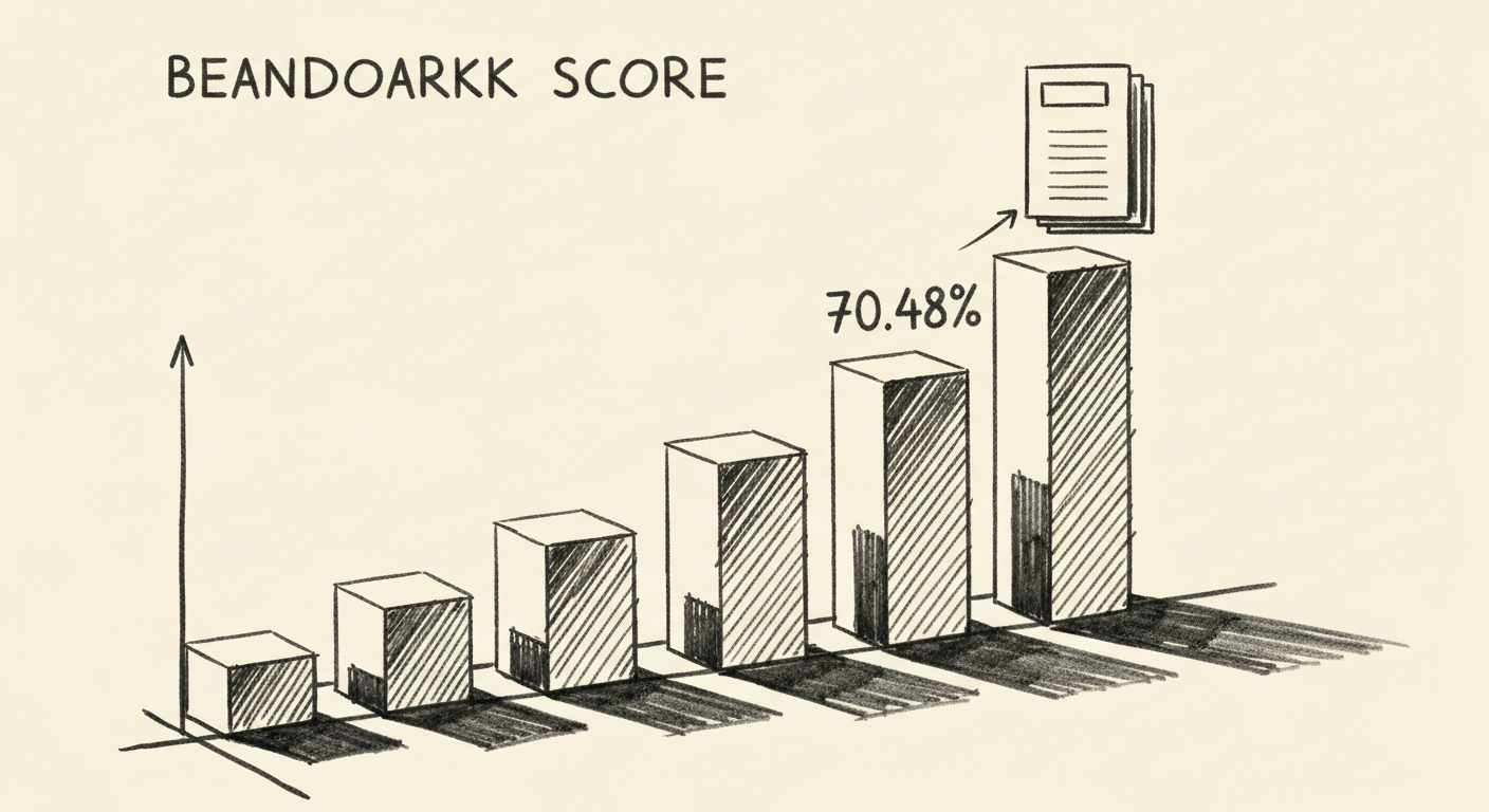 Editorial sketch of a benchmark scoreboard showing a rising bar chart with the tallest bar labeled 70.48 percent, representing Gemini's state-of-the-art SpreadsheetBench performance