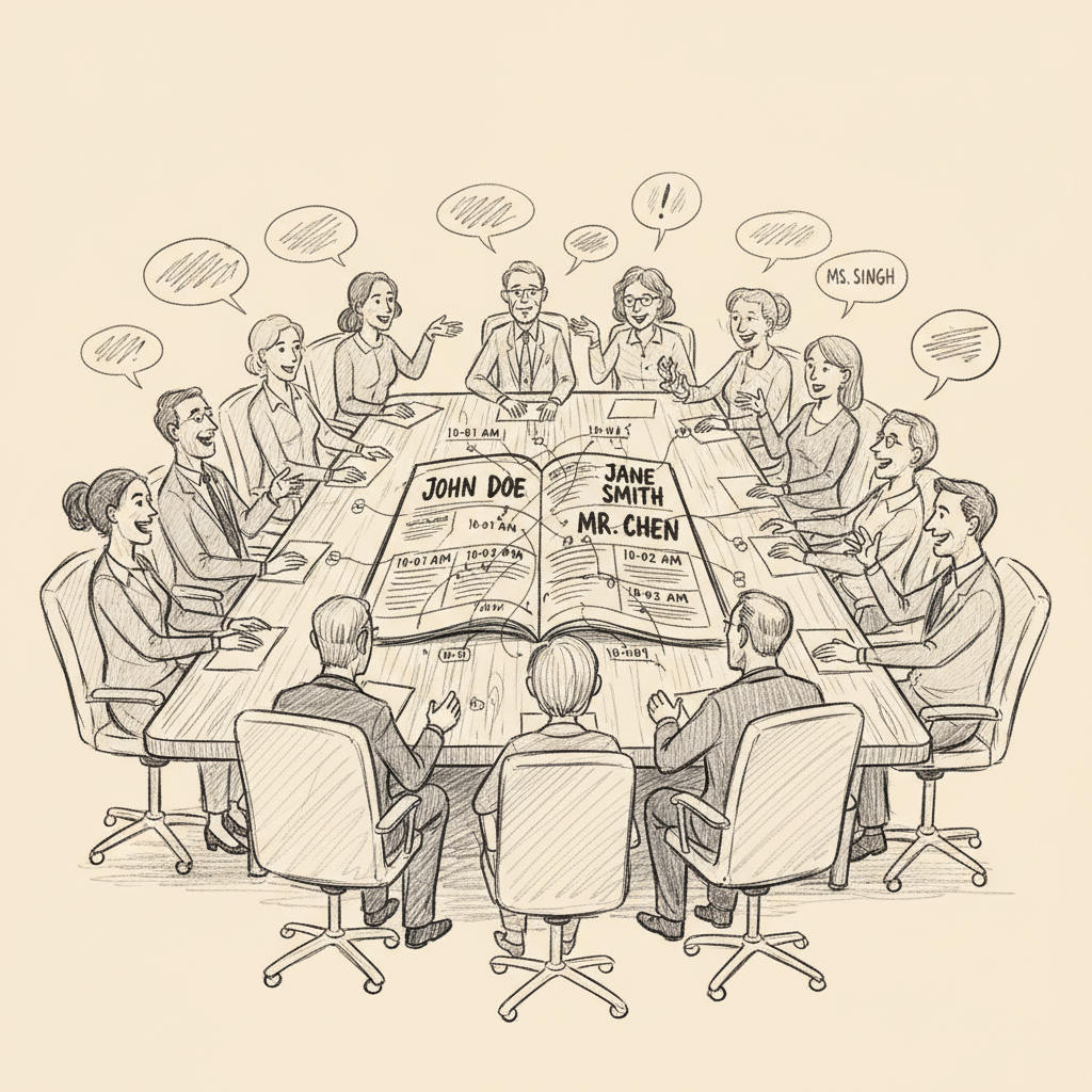Editorial sketch of a conference meeting table with multiple speakers, their voices captured simultaneously in a single document with labeled sections and timestamps