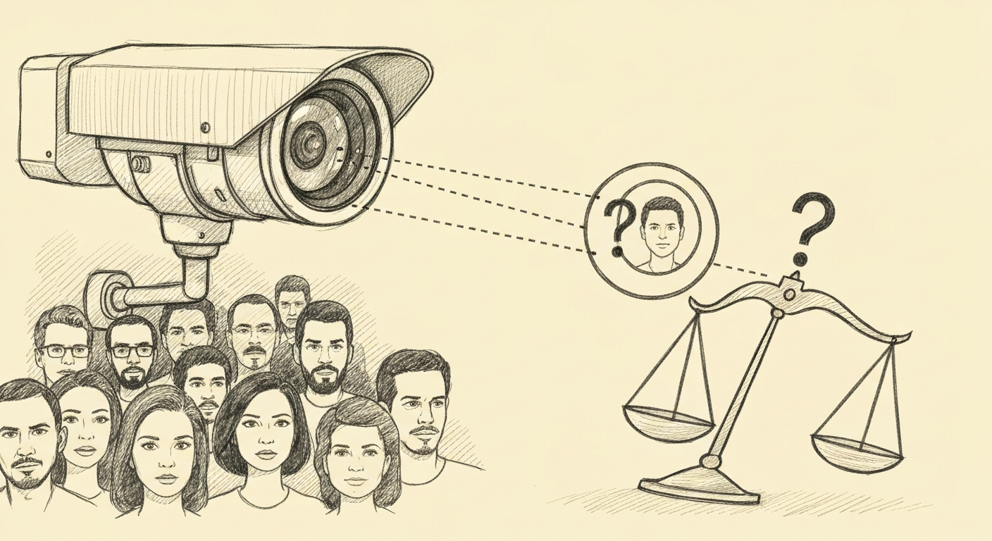 Editorial pencil sketch of a facial recognition surveillance camera projecting dotted grid lines across a crowd of diverse faces, incorrectly identifying a person, with an unbalanced scales of justice in the foreground illustrating algorithmic bias in law enforcement