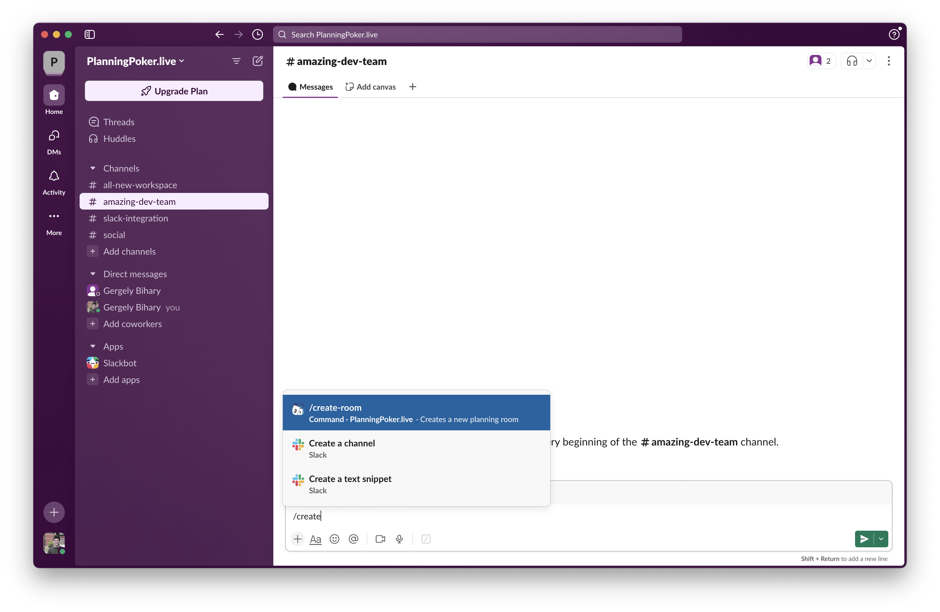 Slack create room command