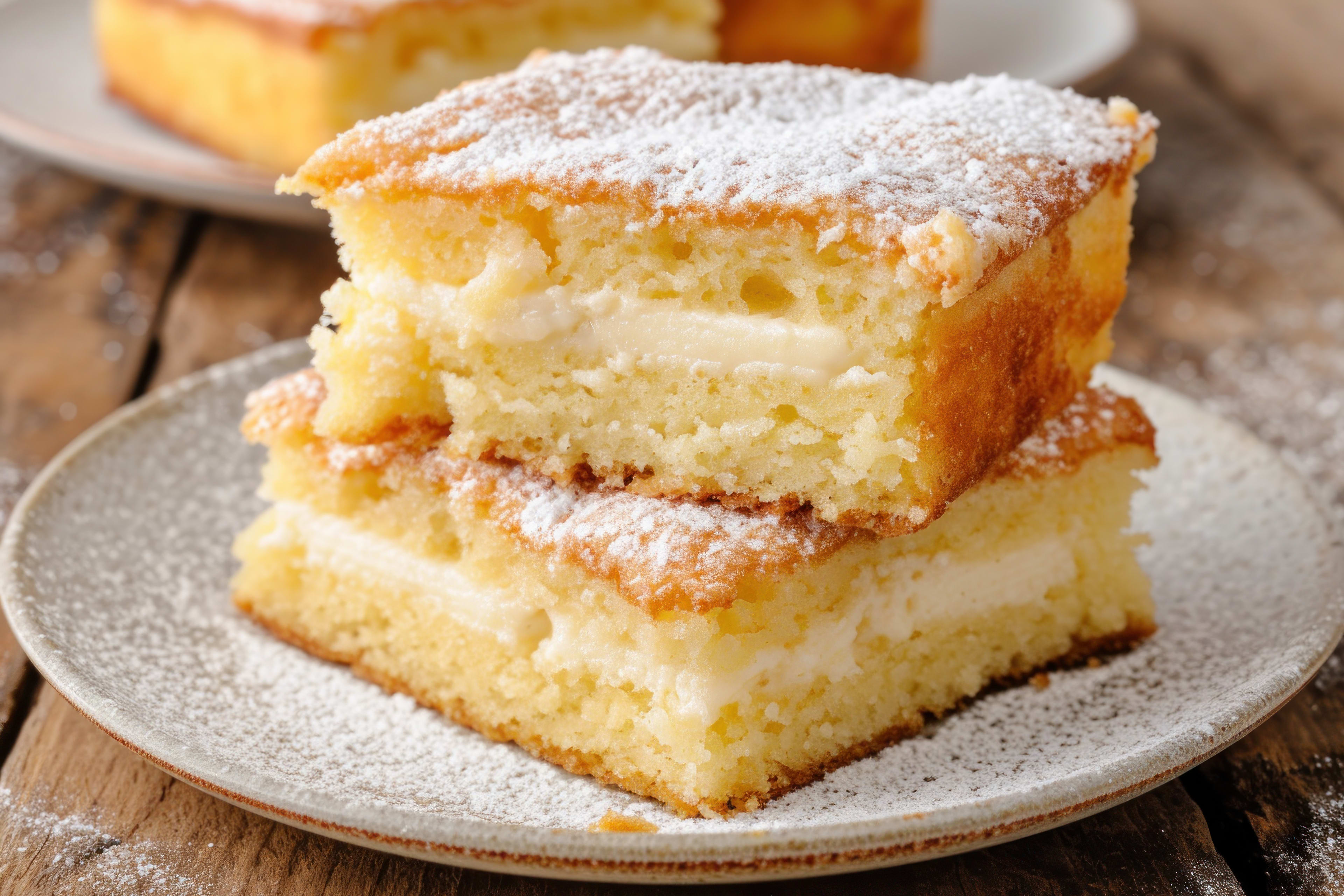 Zwei Stück Butterkuchen mit Puderzucker auf Teller, Holzuntergrund.