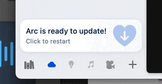 Animation reading Arc is ready to update, with a heart icon and a download arrow