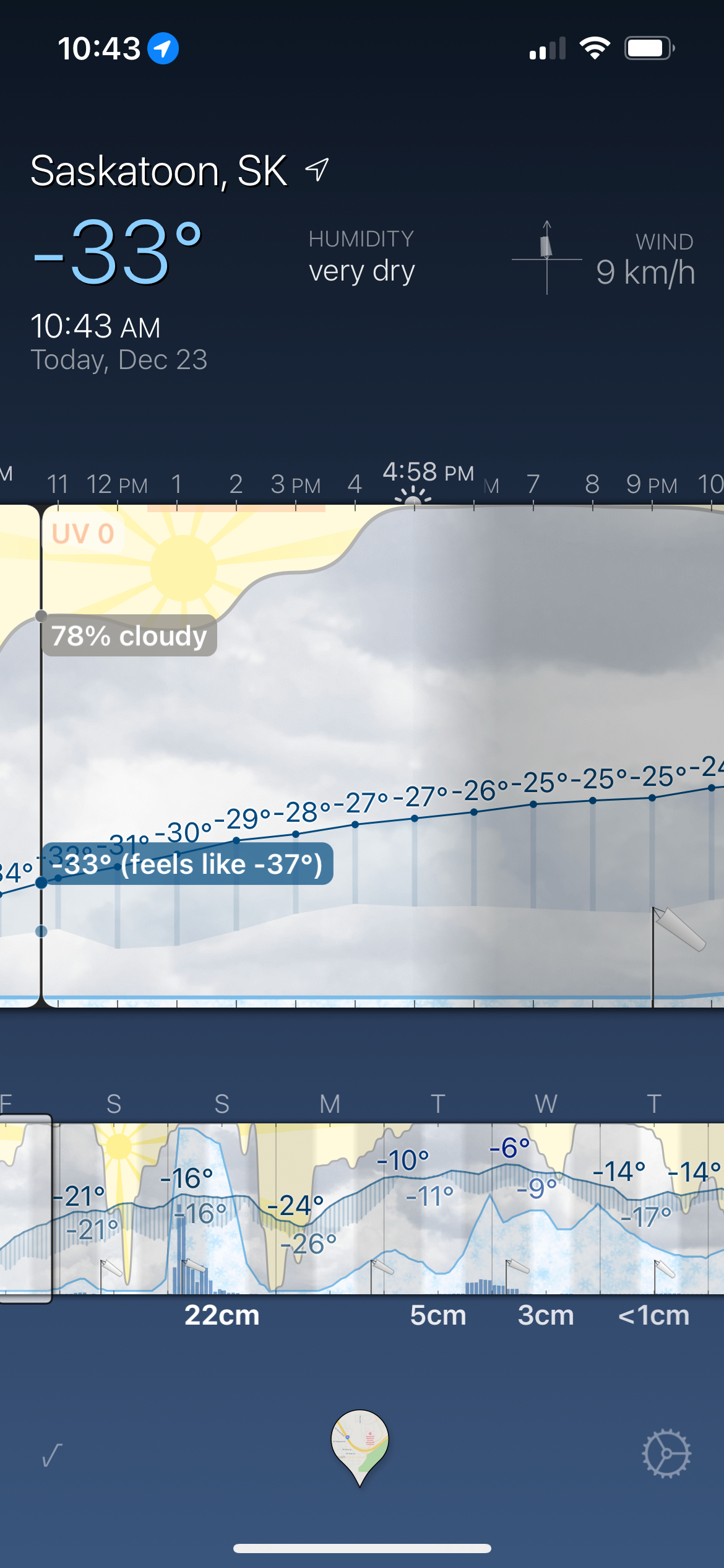 Weather Line app showing weather details for Saskatoon, SK.