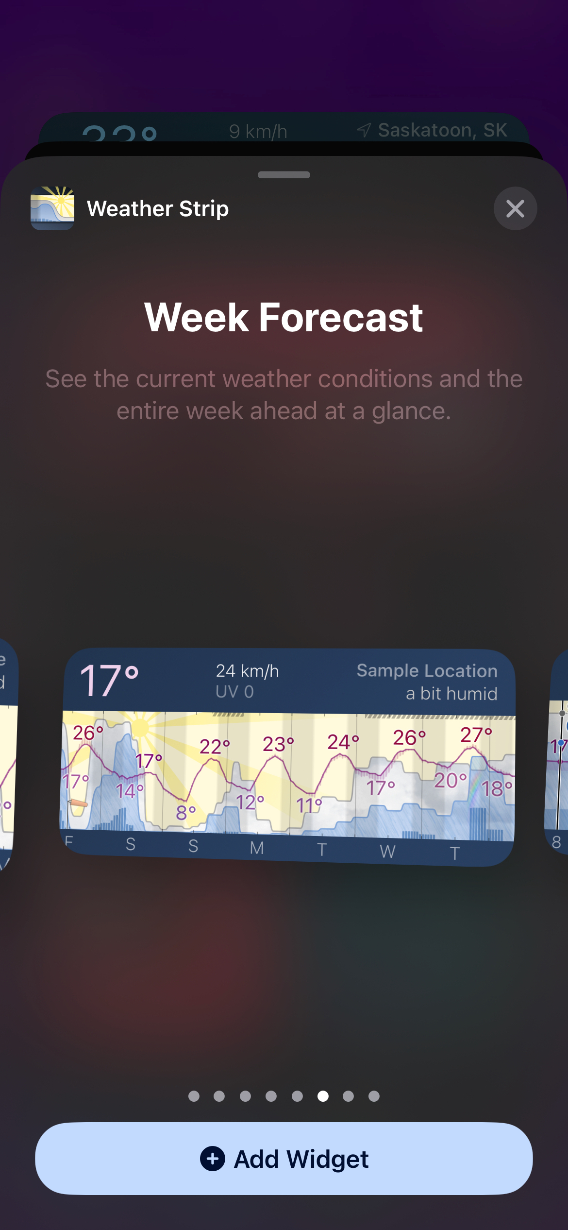 iOS widget selection screen showing an option for a week long forecast widget from Weather Strip