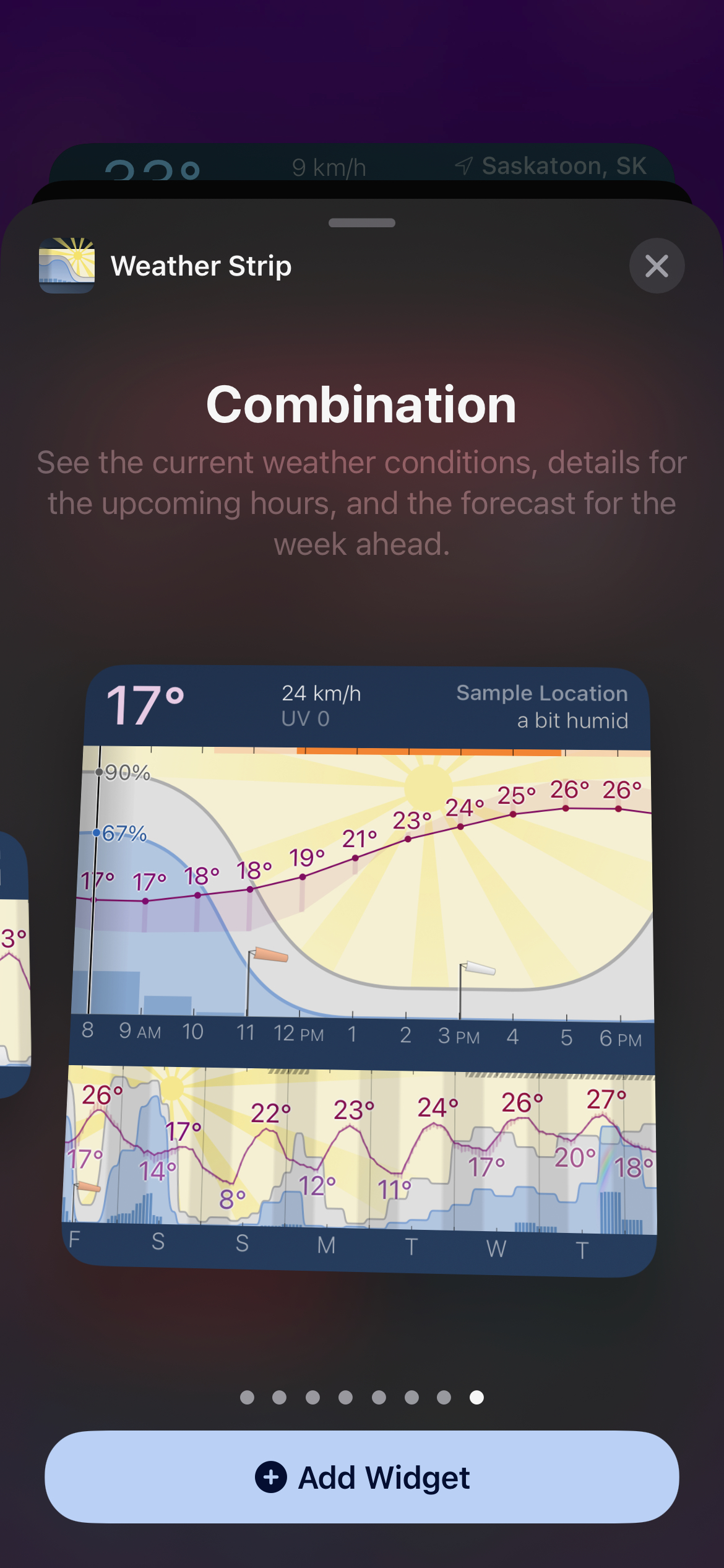 iOS widget selection screen showing an option for a combination widget showing the current day as well as the week ahead weather data from Weather Strip