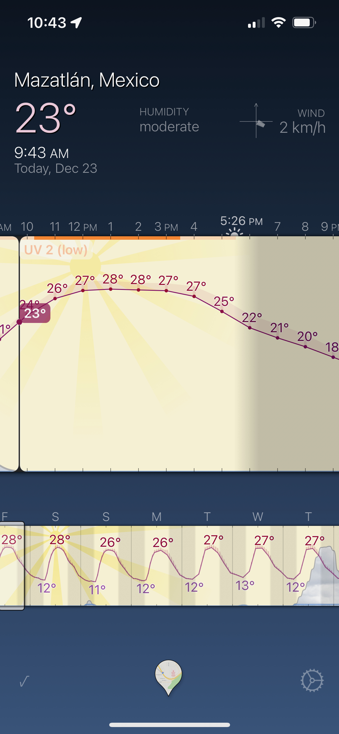 Weather Strip app showing weather details for Mazatlan, Mexico.