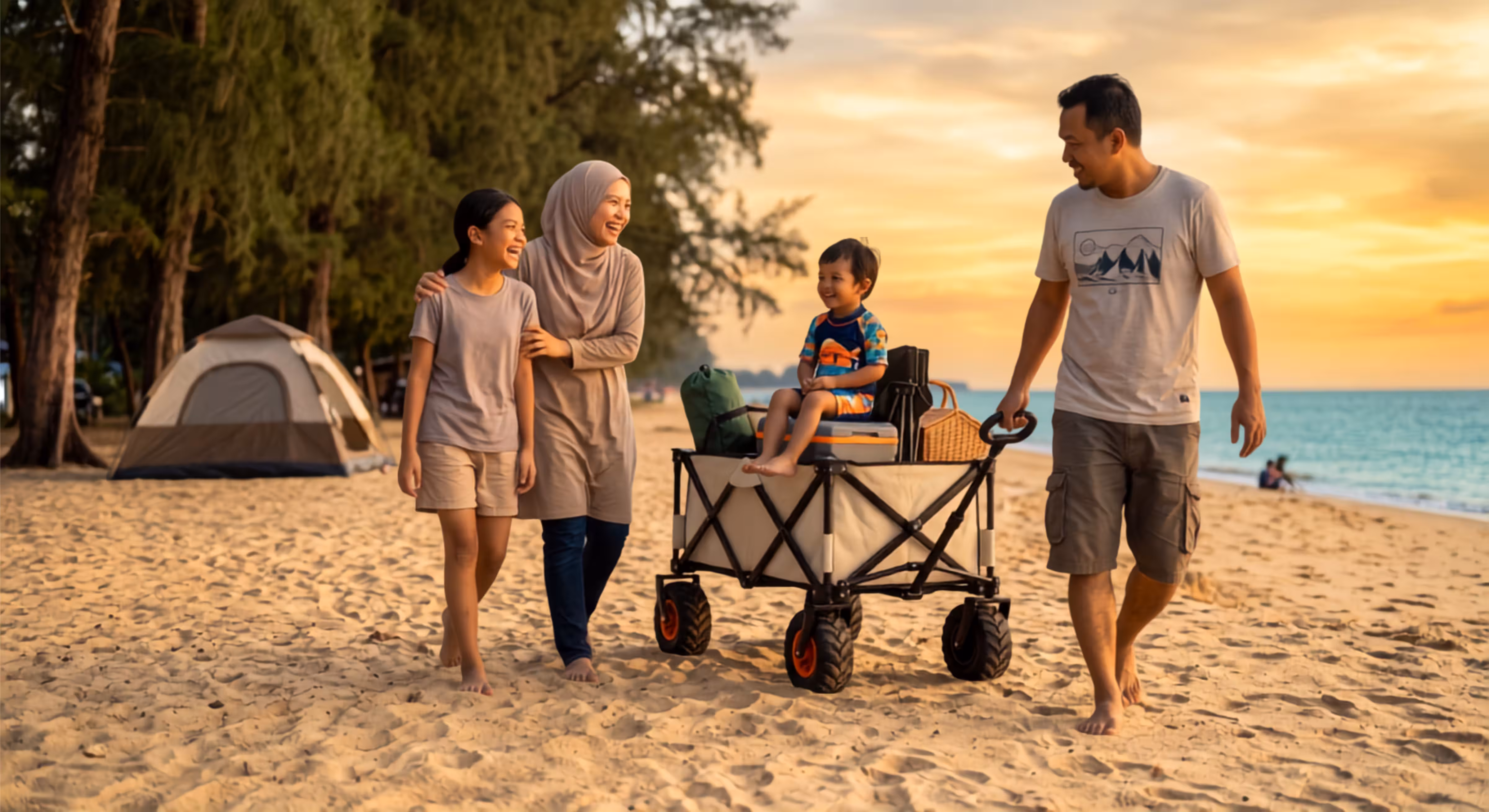 Keluarga menarik OX-150 merentasi pasir pantai