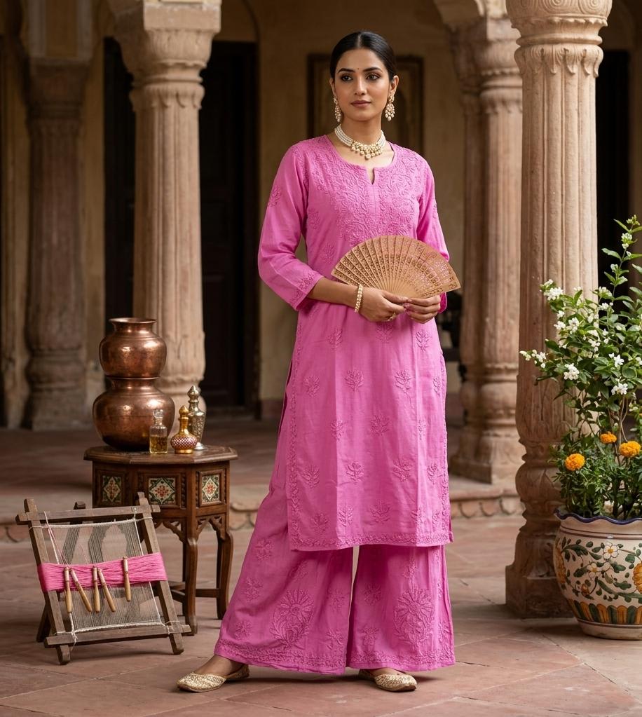 Royal Rayon Handcrafted Chikankari Set - Authentic Lucknowi Chikankari