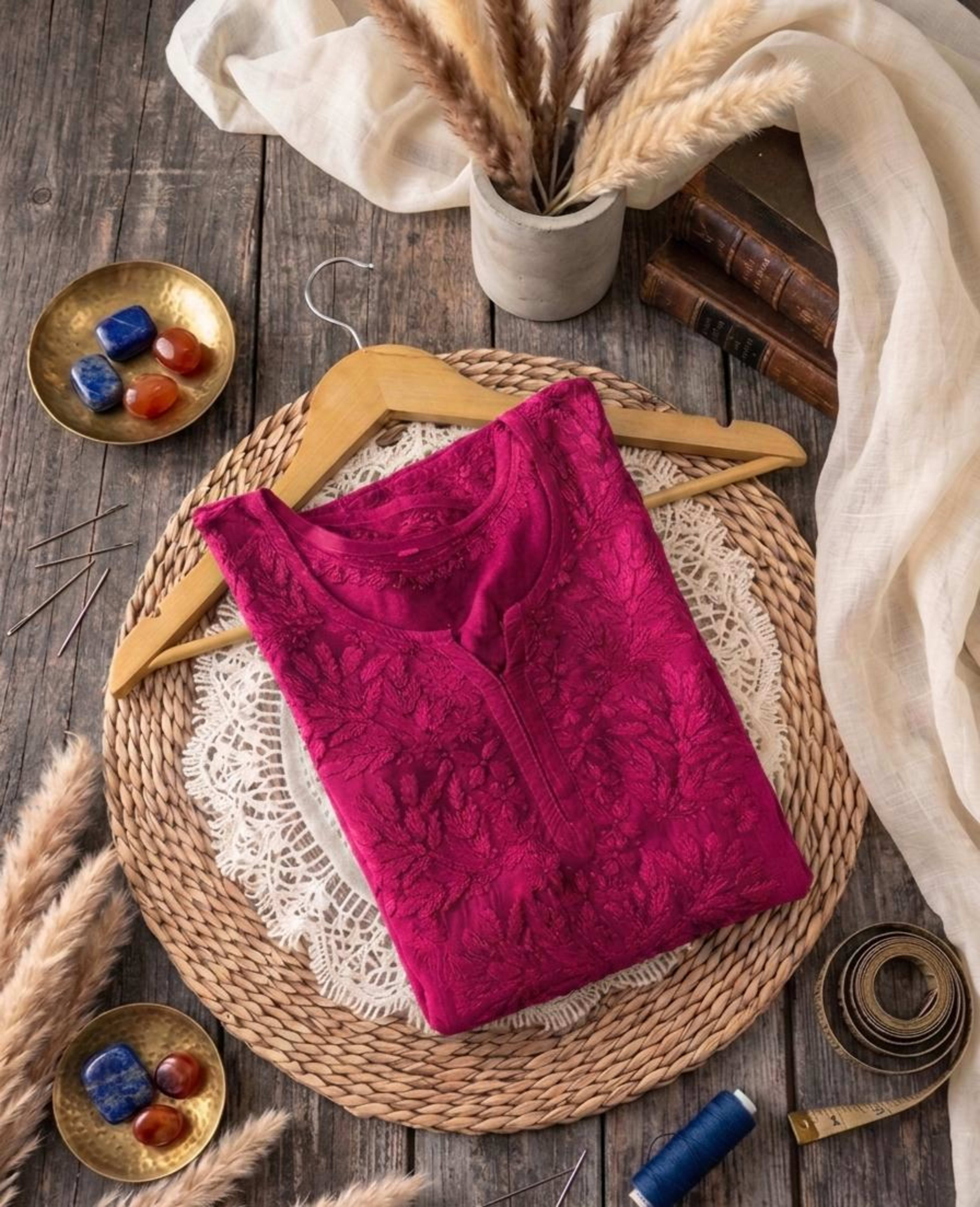 Premium Muslin Short Chikankari Kurti | Authentic Handwork Tunic (28" Length) Lucknowi Chikankari - Full view 3