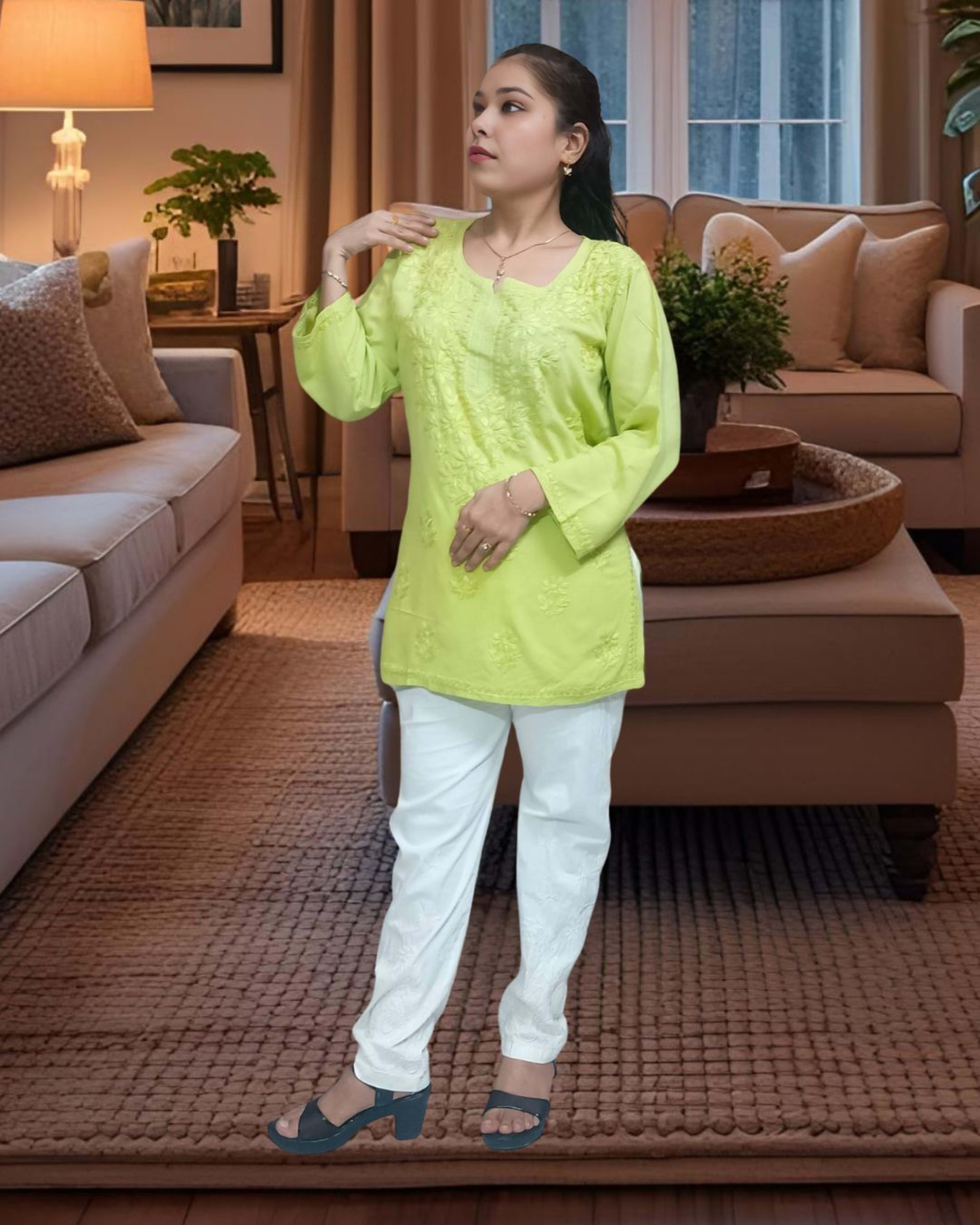 Lucknowi Handwork Short Chikankari Kurti  - Authentic Lucknowi Chikankari - Size 48-60 - Pairahan Chikan