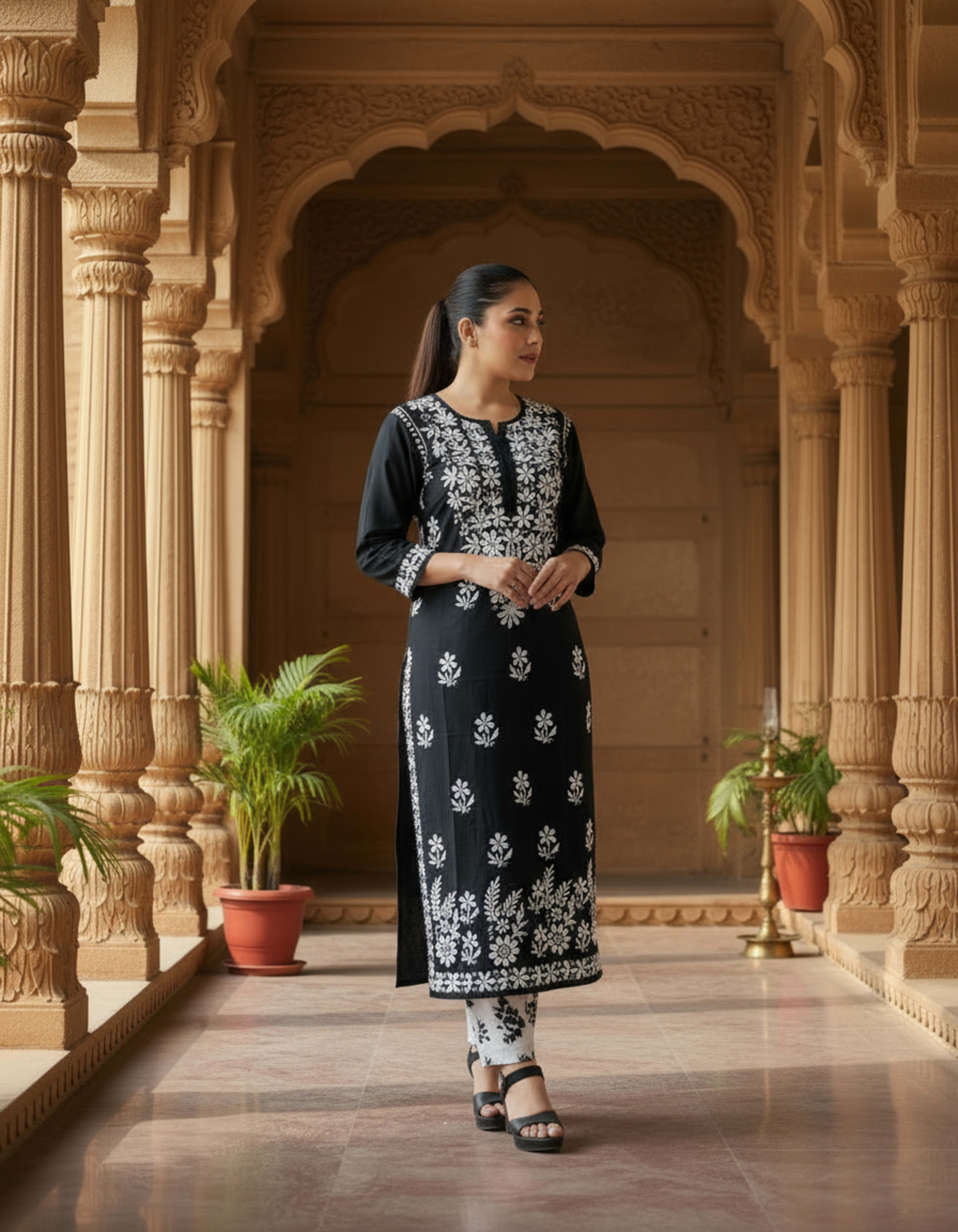 Lucknowi Handwork Chikankari Kurti – White Thread Lucknowi Chikankari - Full view 2