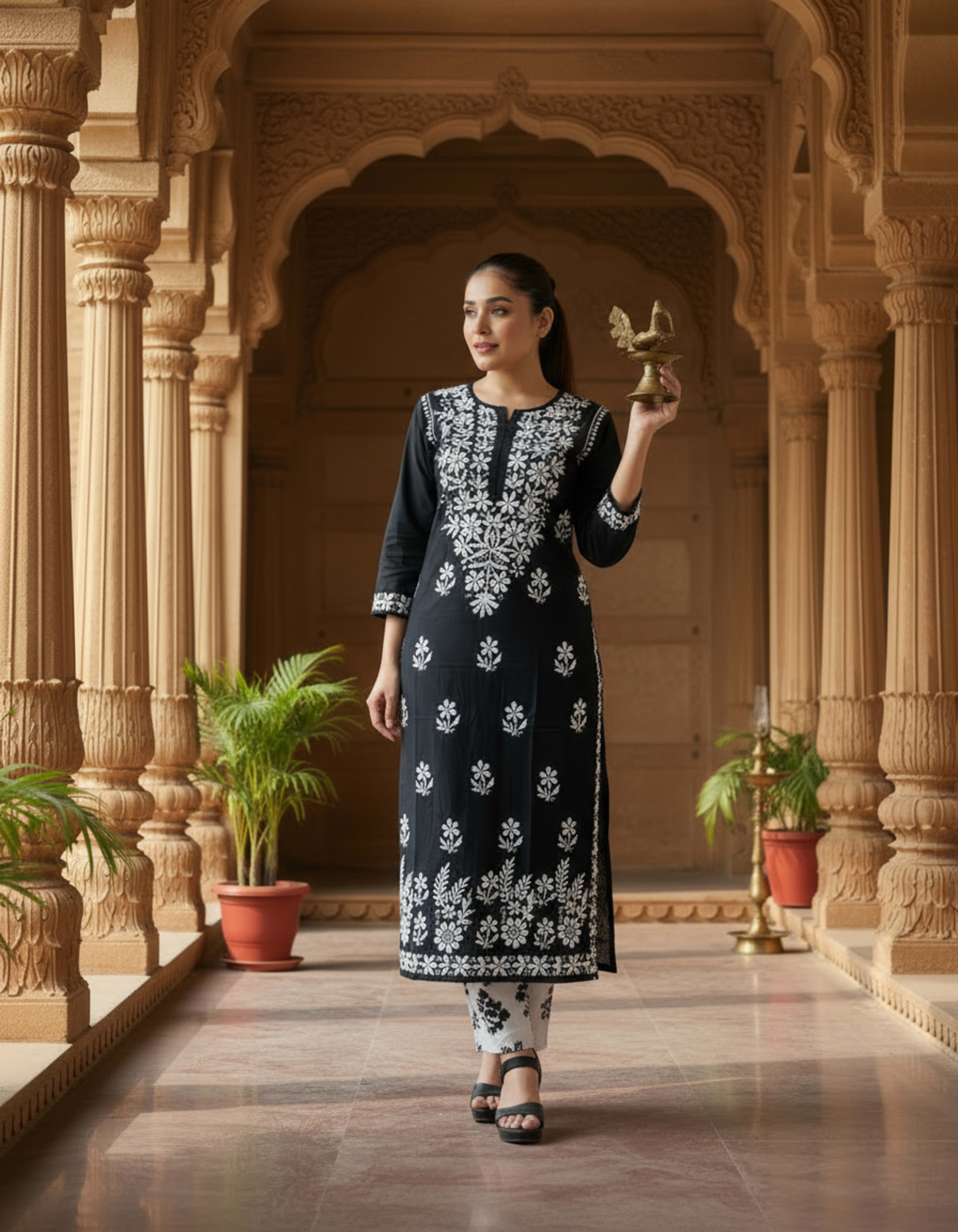 Lucknowi Handwork Chikankari Kurti – White Thread Lucknowi Chikankari - Full view 3