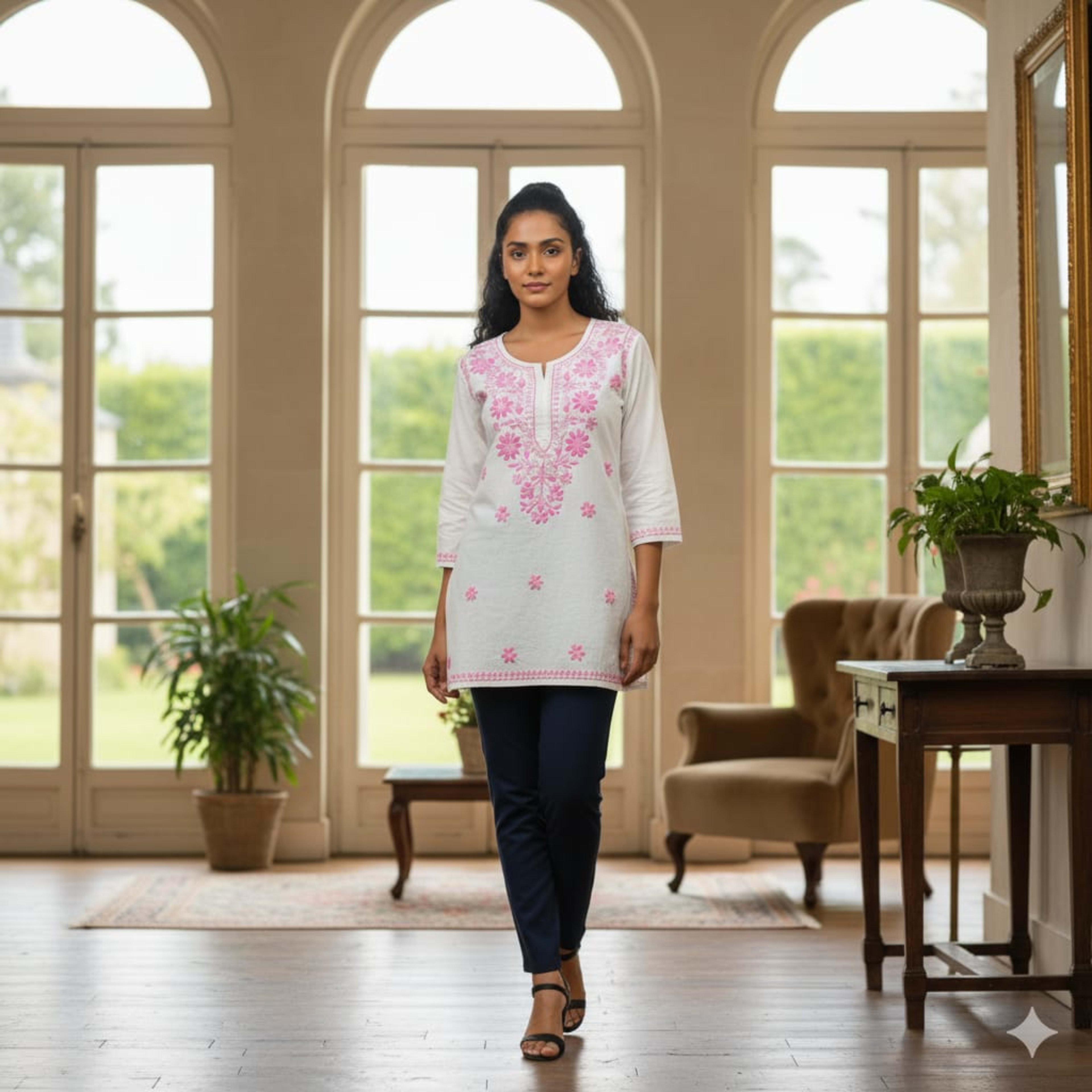 Pairahan Signature Lucknowi Chikankari Handwork Short Top – Contrast Thread Embroidery on Pure Cotton - Authentic Lucknowi Chikankari - Pairahan Chikan