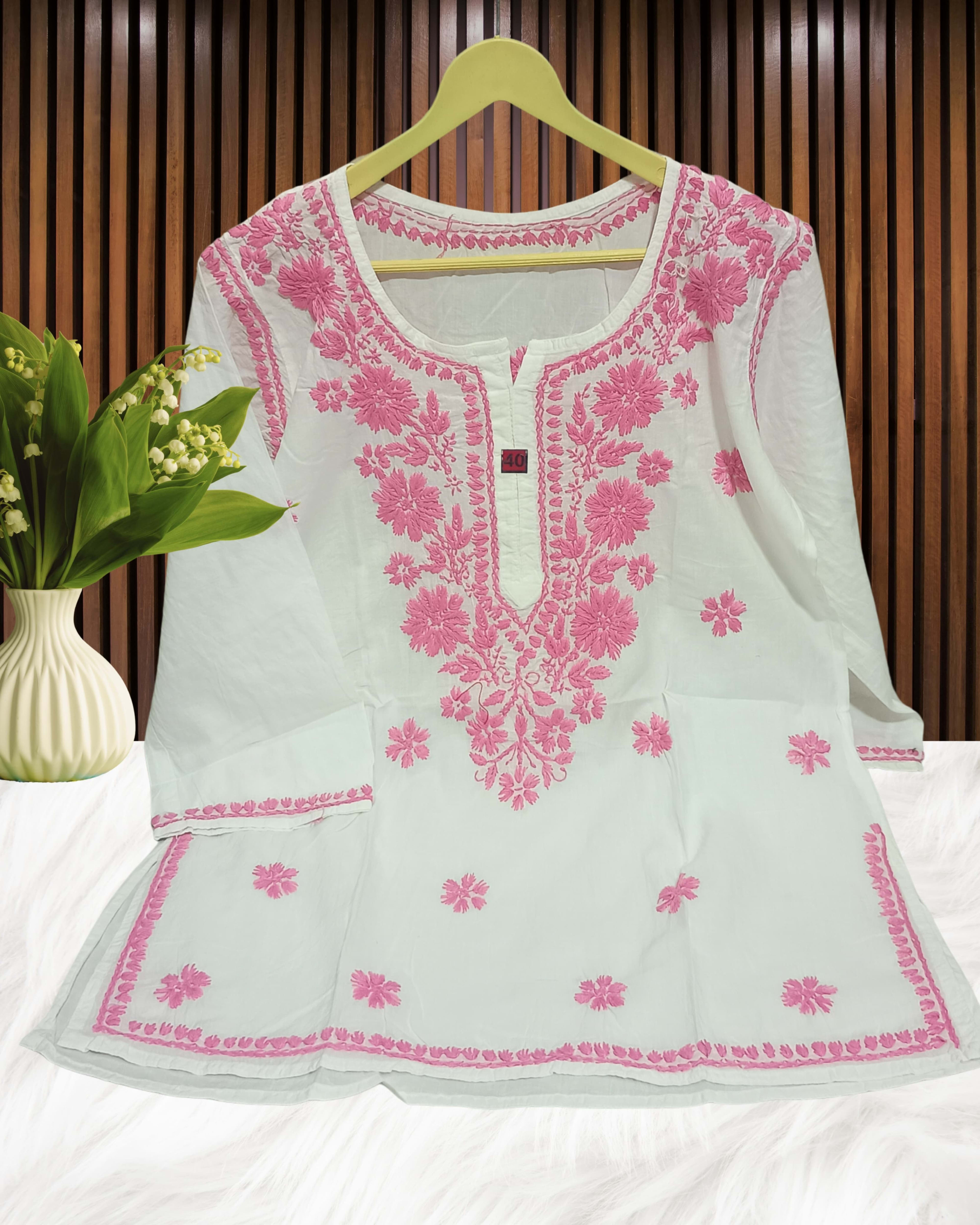 Pairahan Signature Lucknowi Chikankari Handwork Short Top – Contrast Thread Embroidery on Pure Cotton Lucknowi Chikankari - Full view 2