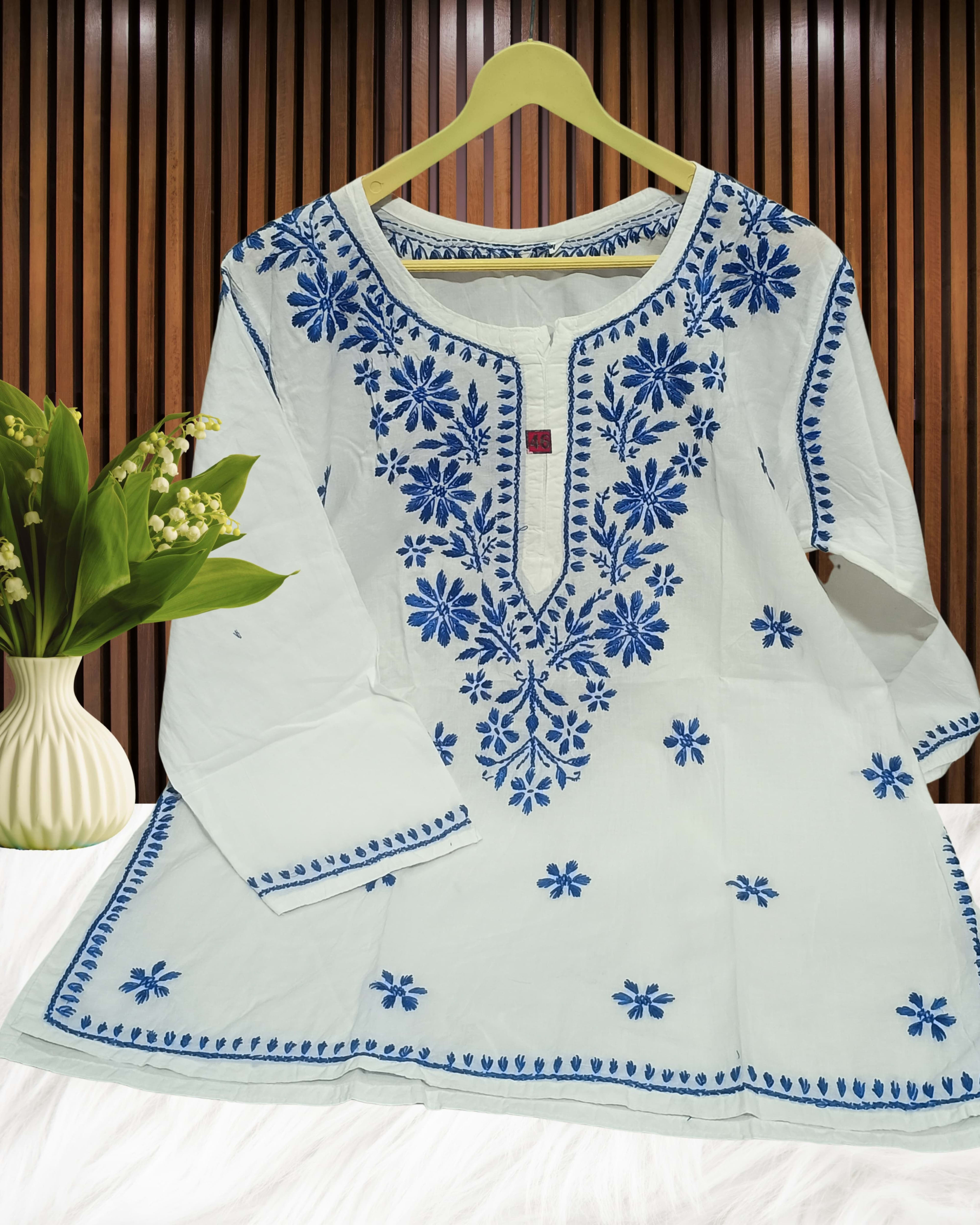 Pairahan Signature Lucknowi Chikankari Handwork Short Top – Contrast Thread Embroidery on Pure Cotton Lucknowi Chikankari - Full view 3