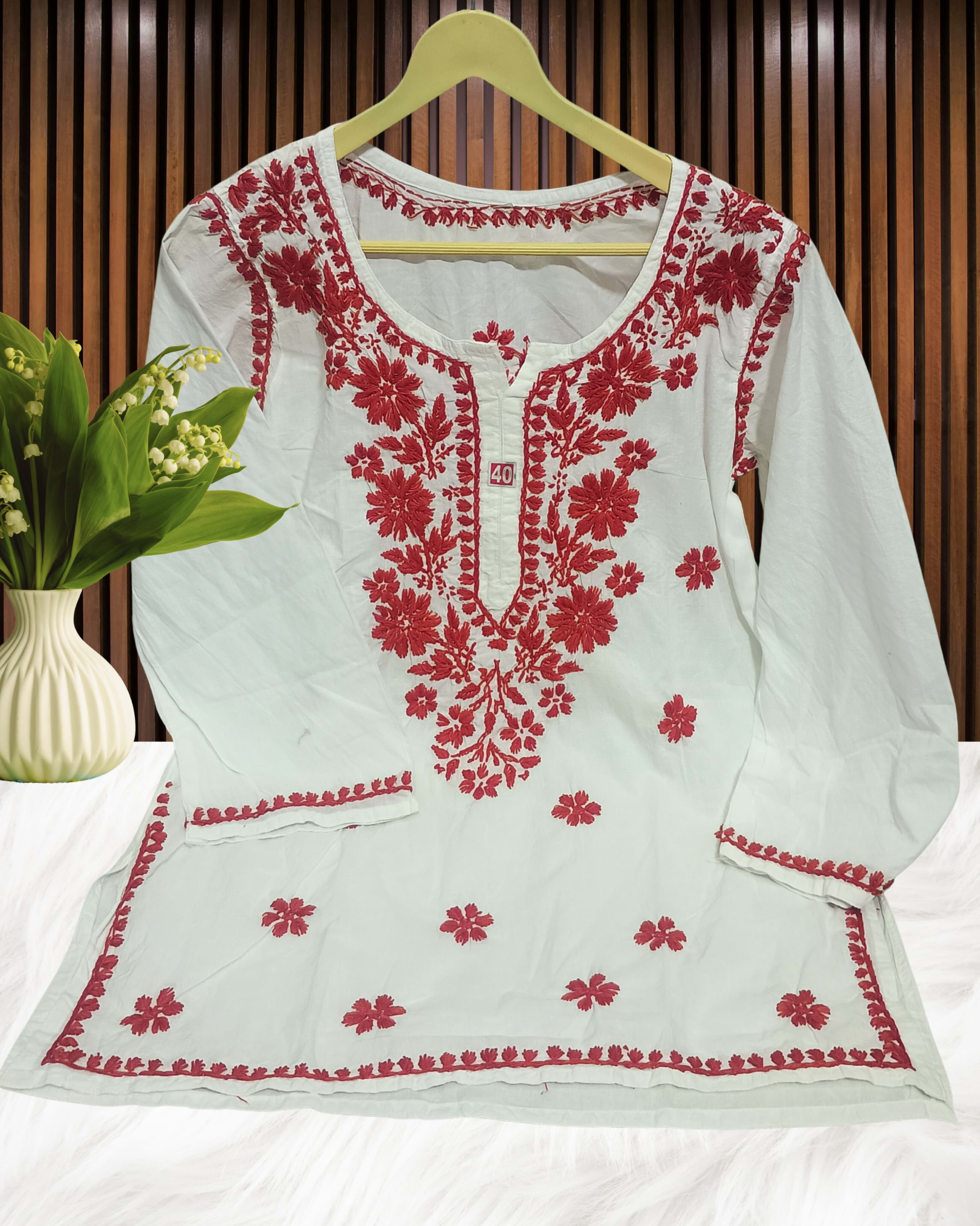 Pairahan Signature Lucknowi Chikankari Handwork Short Top – Contrast Thread Embroidery on Pure Cotton Lucknowi Chikankari - Full view 6