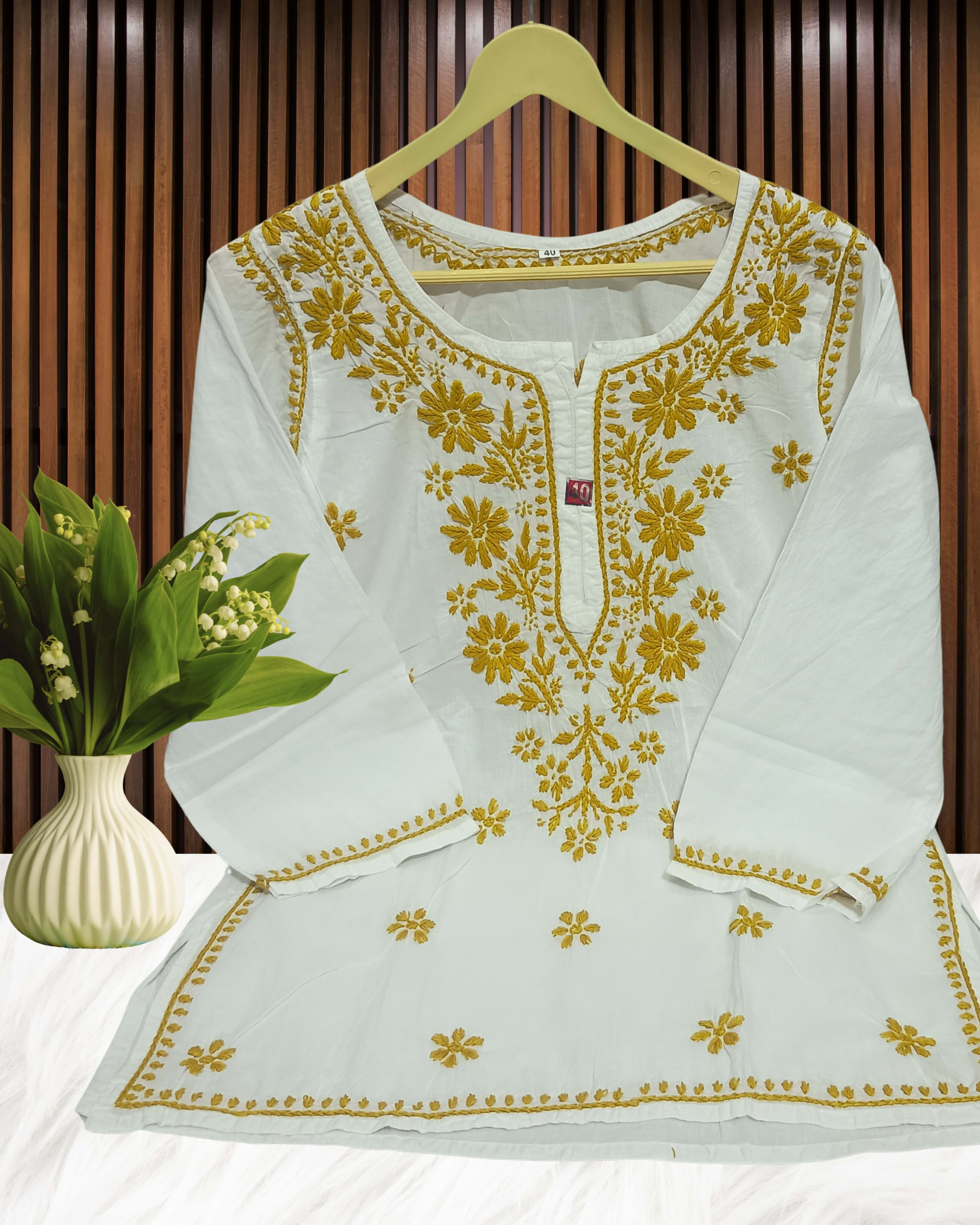 Pairahan Signature Lucknowi Chikankari Handwork Short Top – Contrast Thread Embroidery on Pure Cotton Lucknowi Chikankari - Full view 7