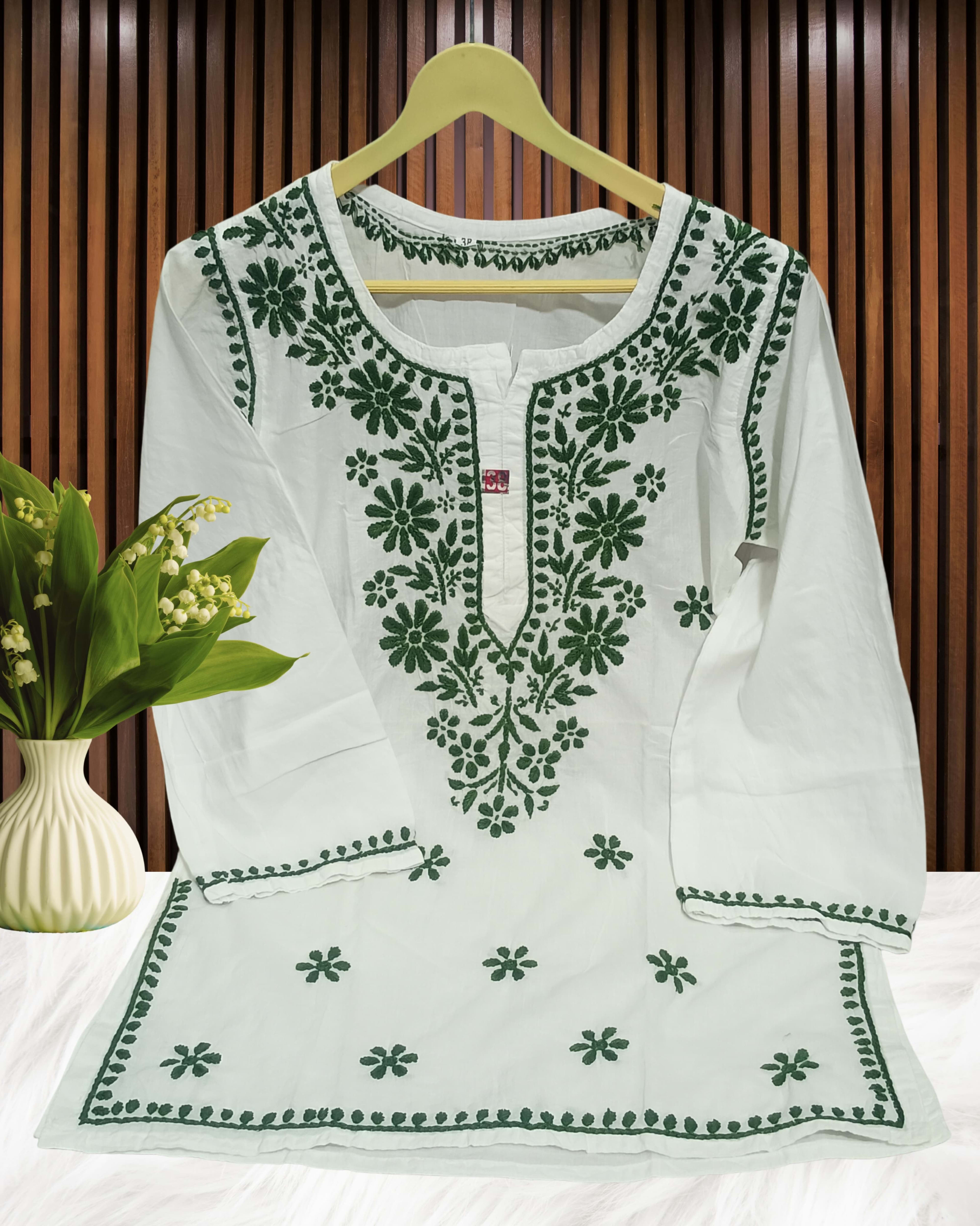 Pairahan Signature Lucknowi Chikankari Handwork Short Top – Contrast Thread Embroidery on Pure Cotton Lucknowi Chikankari - Full view 8