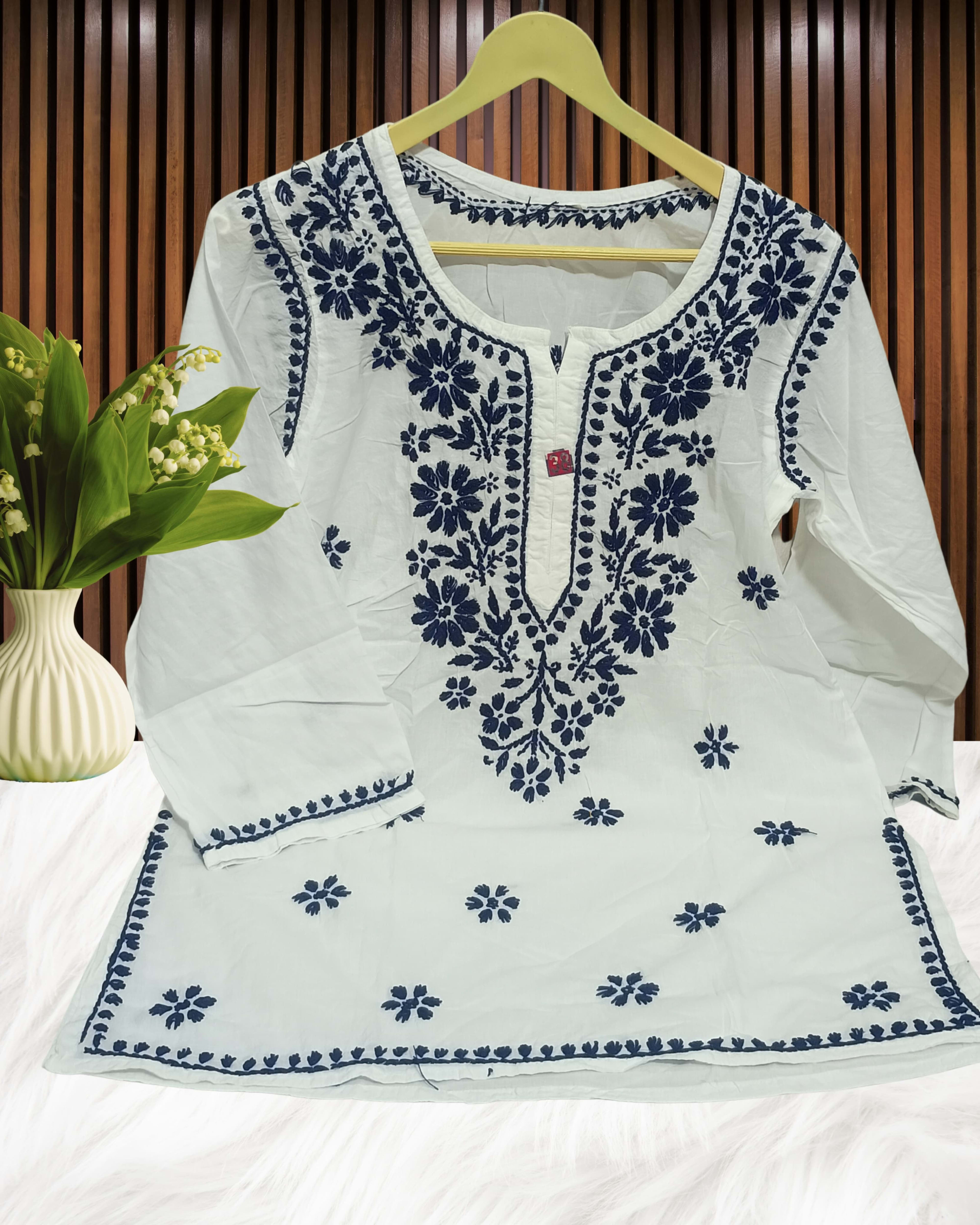 Pairahan Signature Lucknowi Chikankari Handwork Short Top – Contrast Thread Embroidery on Pure Cotton Lucknowi Chikankari - Full view 9