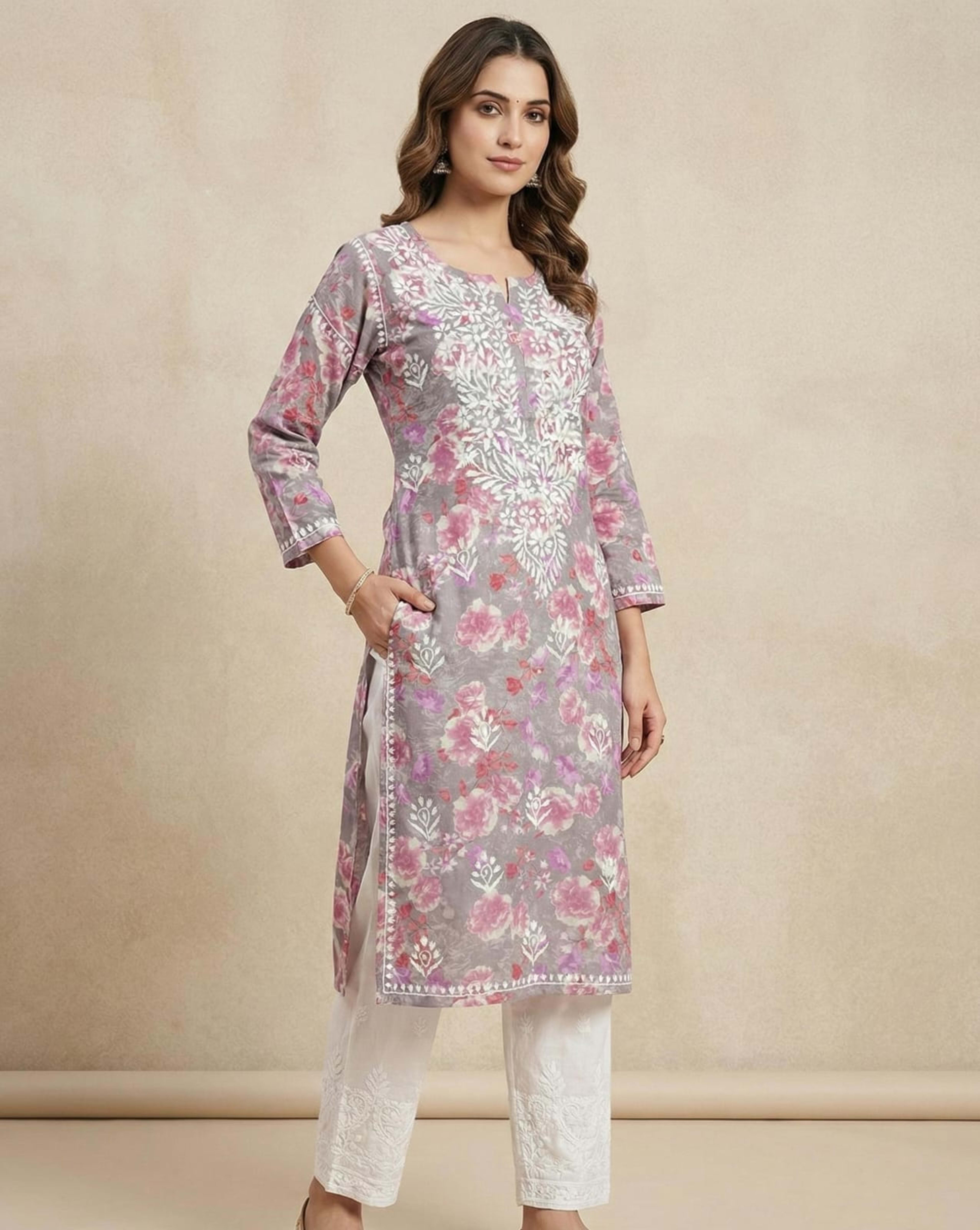 Premium Mul Cotton Printed Chikankari Kurti Set with Pant - Floral Series - Authentic Lucknowi Chikankari - Pairahan Chikan
