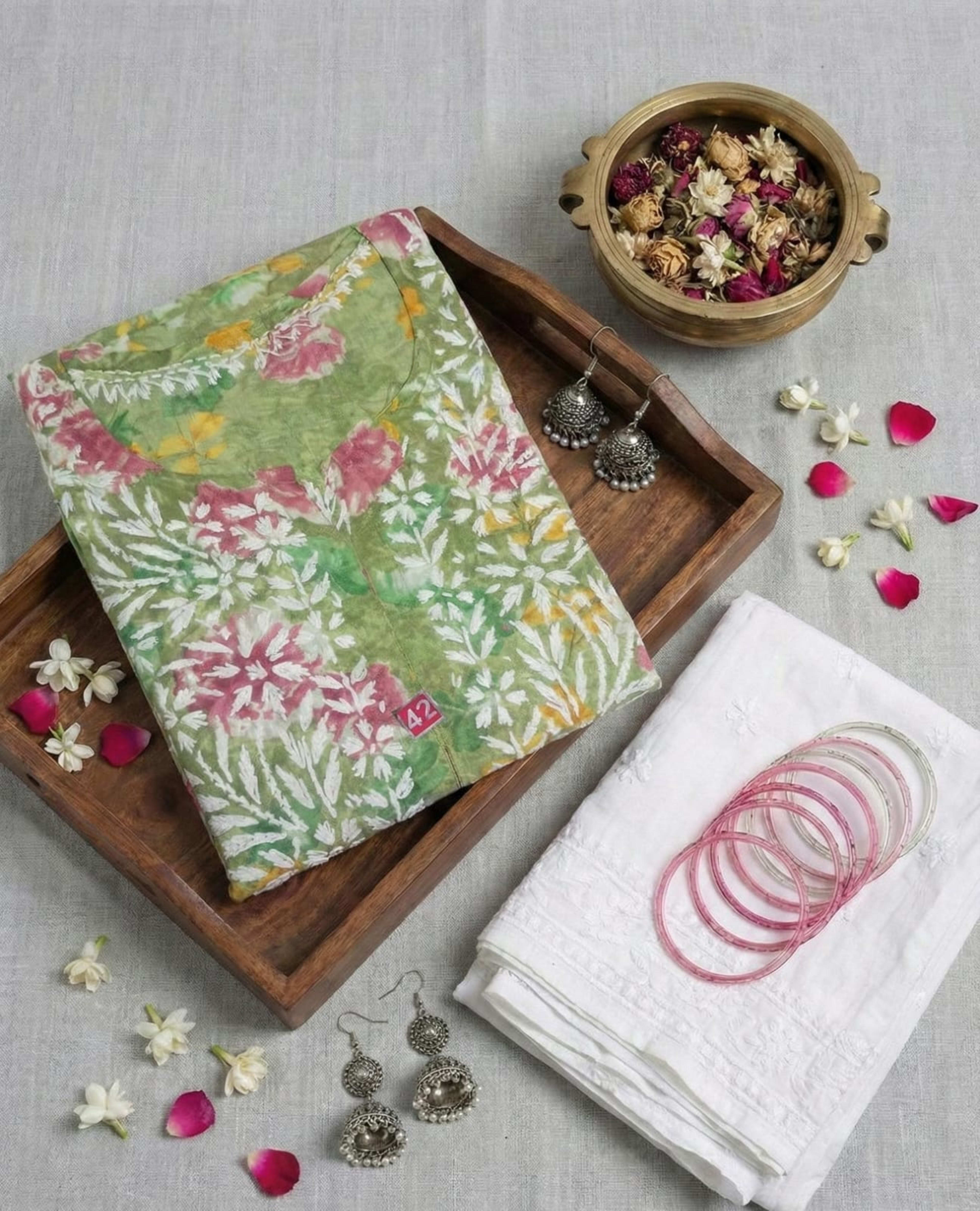 Premium Mul Cotton Printed Chikankari Kurti Set with Pant - Floral Series Lucknowi Chikankari - Full view 2