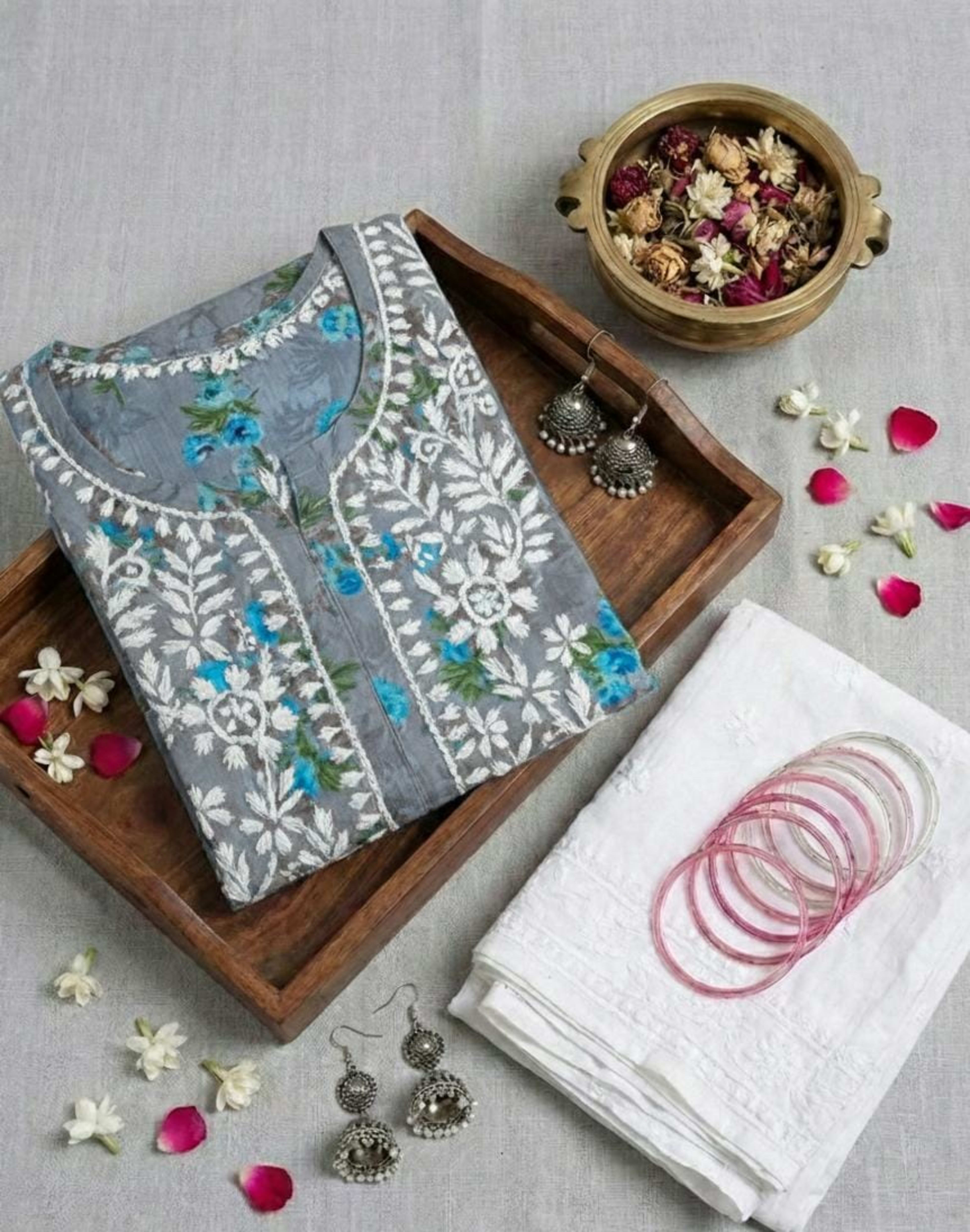 Premium Mul Cotton Printed Chikankari Kurti Set with Pant - Floral Series Lucknowi Chikankari - Full view 4