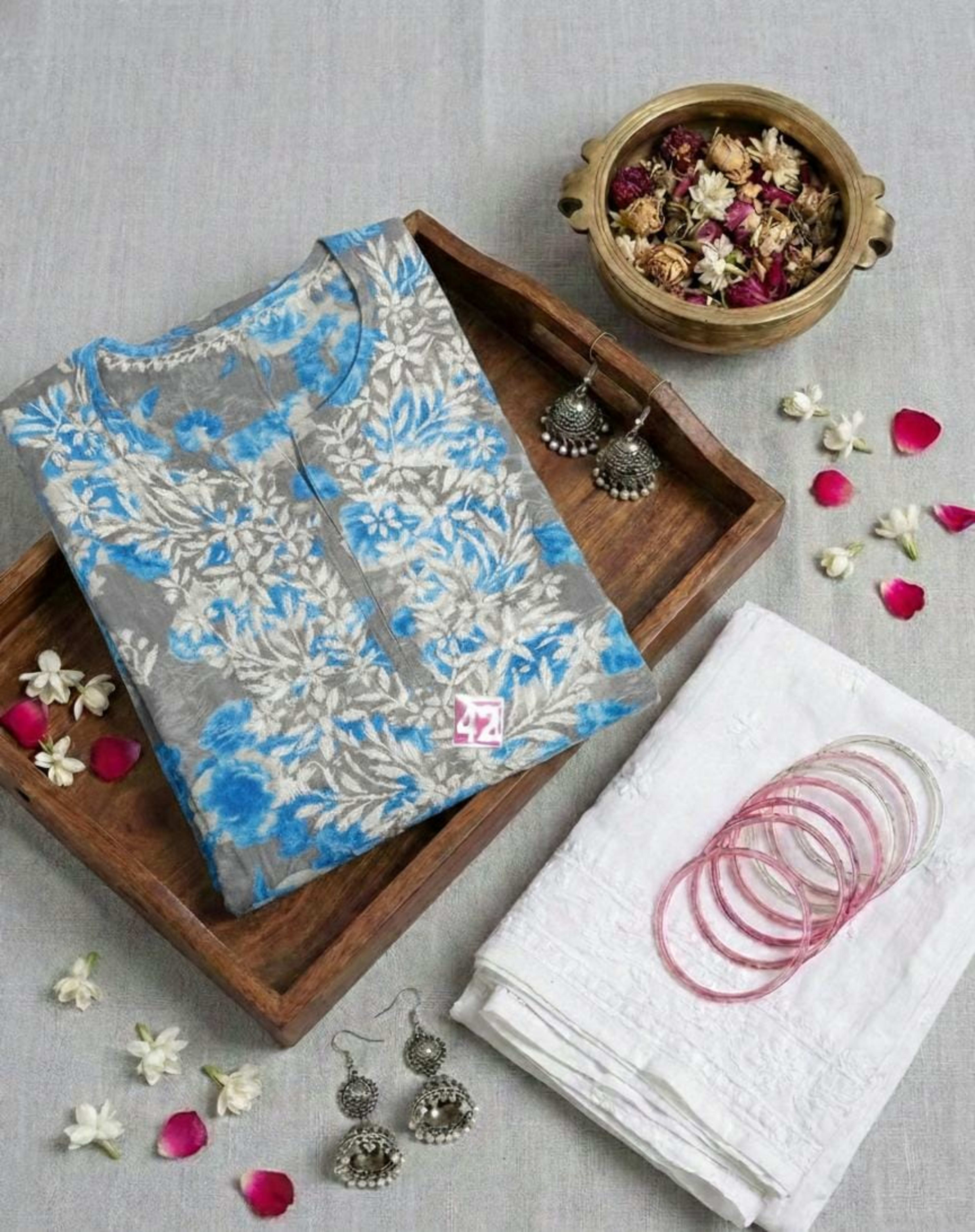 Premium Mul Cotton Printed Chikankari Kurti Set with Pant - Floral Series Lucknowi Chikankari - Full view 5