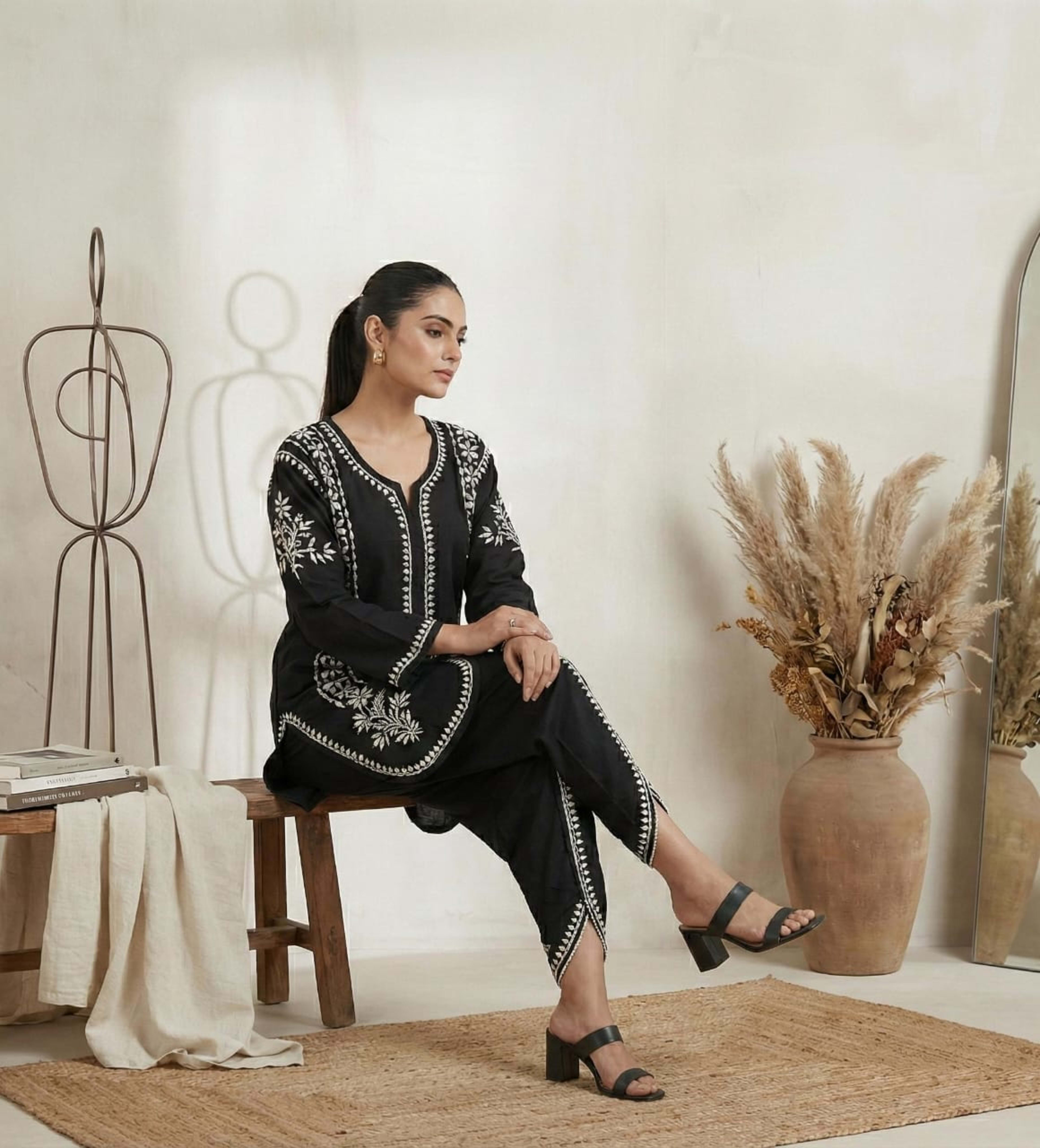 Premium Rayon Chikankari Short Kurti with Tulip Pants (Fusion Set) - Authentic Lucknowi Chikankari - Pairahan Chikan