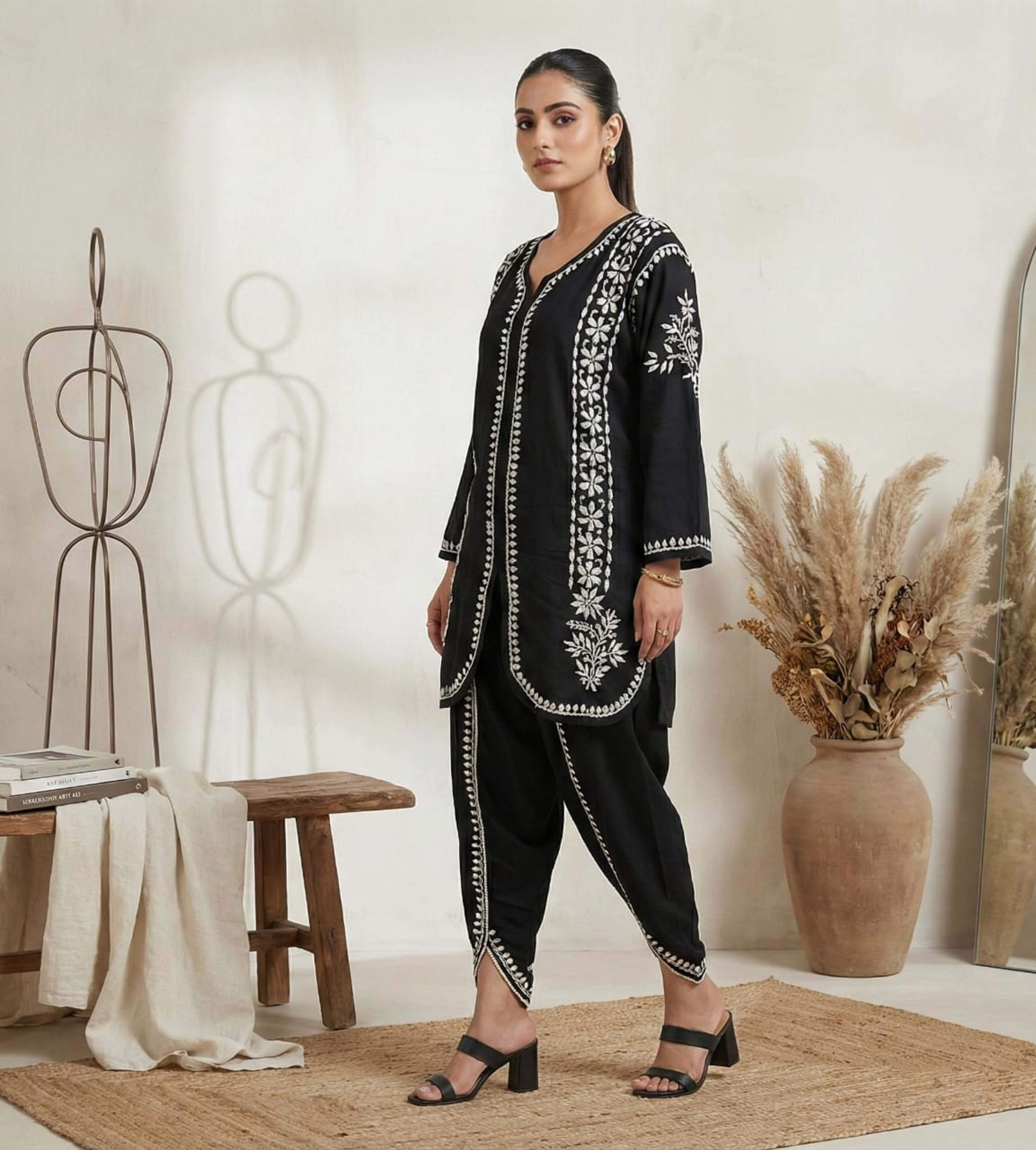 Premium Rayon Chikankari Short Kurti with Tulip Pants (Fusion Set) Lucknowi Chikankari - Full view 2