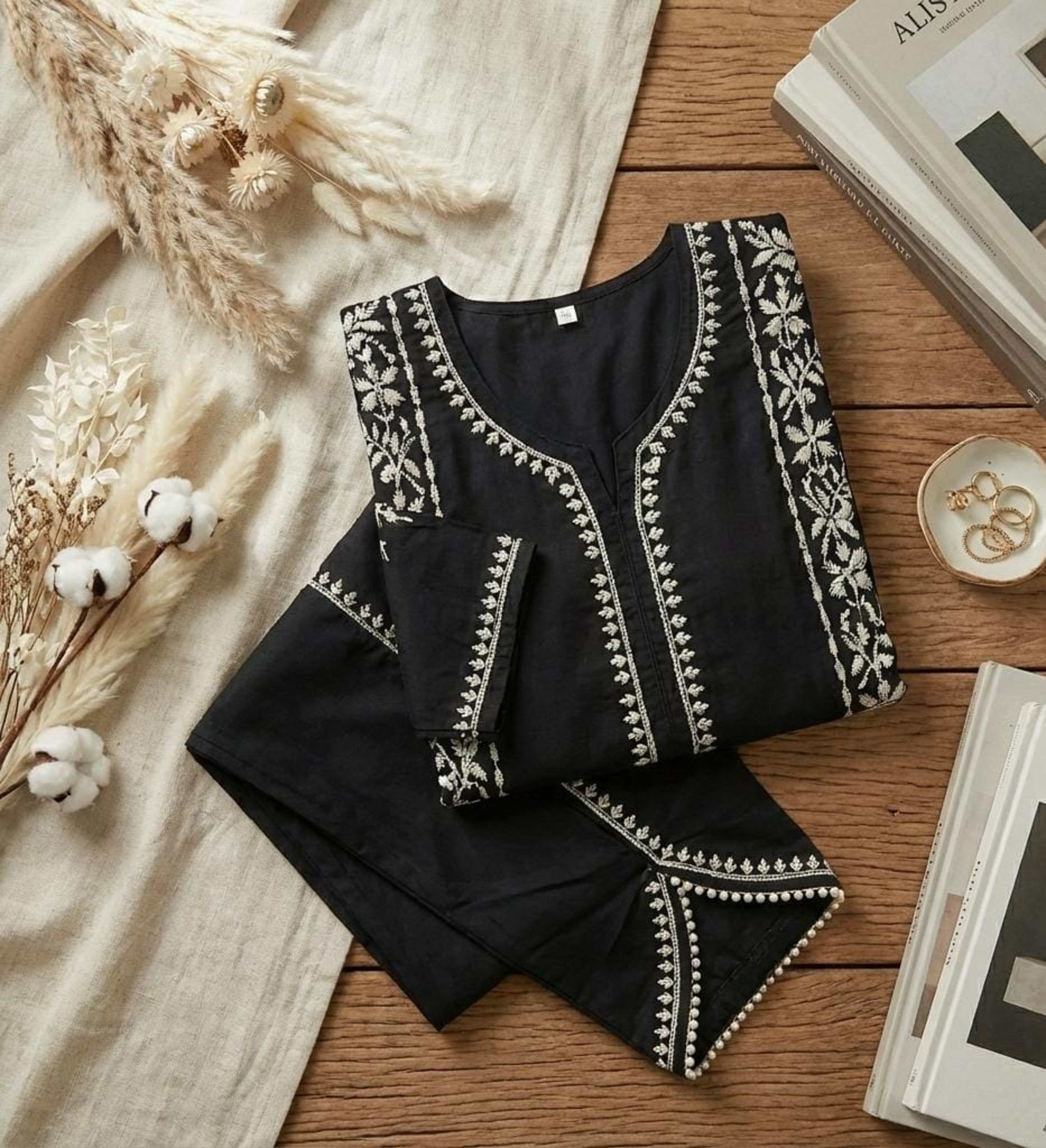 Premium Rayon Chikankari Short Kurti with Tulip Pants (Fusion Set) Lucknowi Chikankari - Full view 3