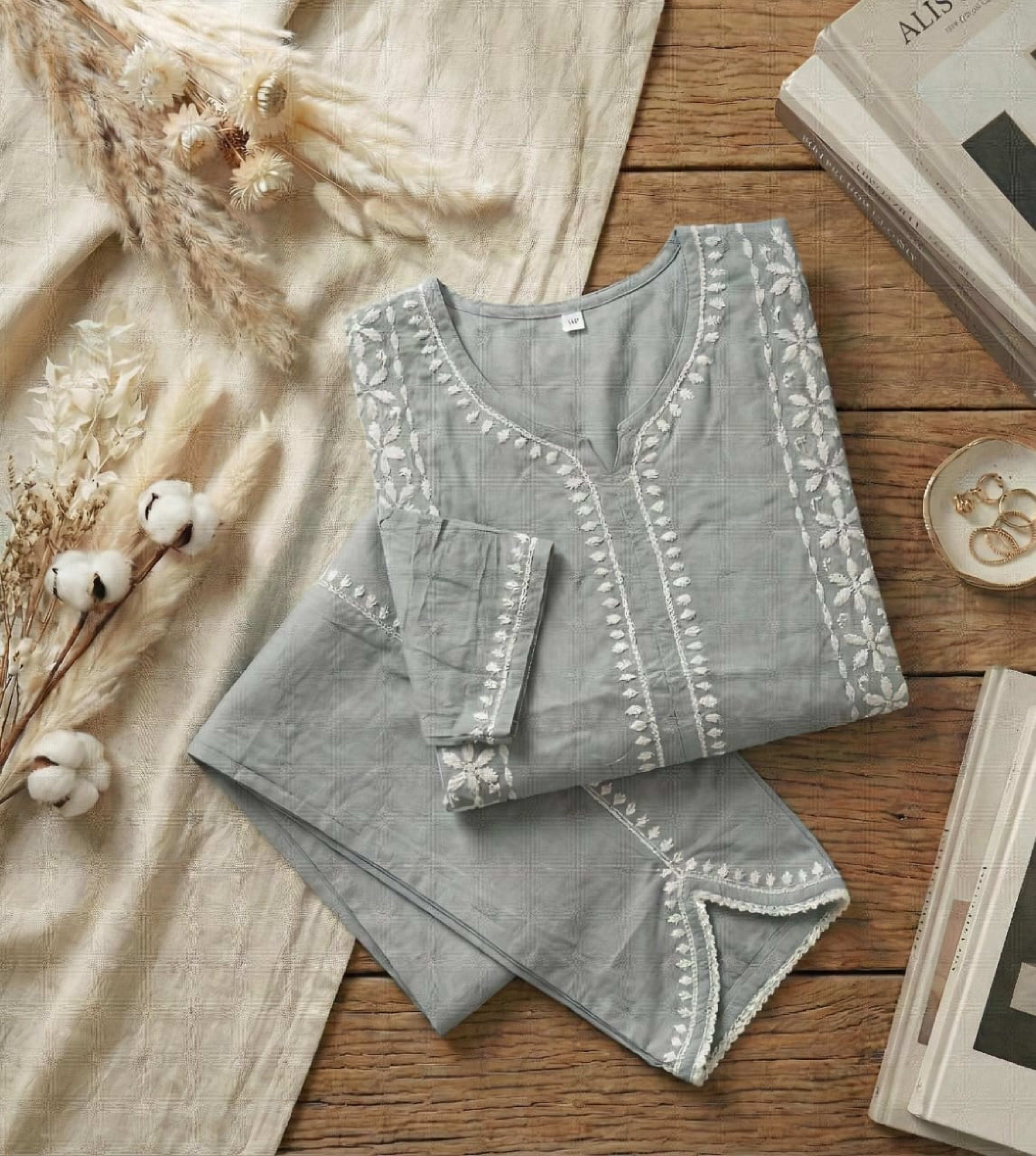 Premium Rayon Chikankari Short Kurti with Tulip Pants (Fusion Set) Lucknowi Chikankari - Full view 5