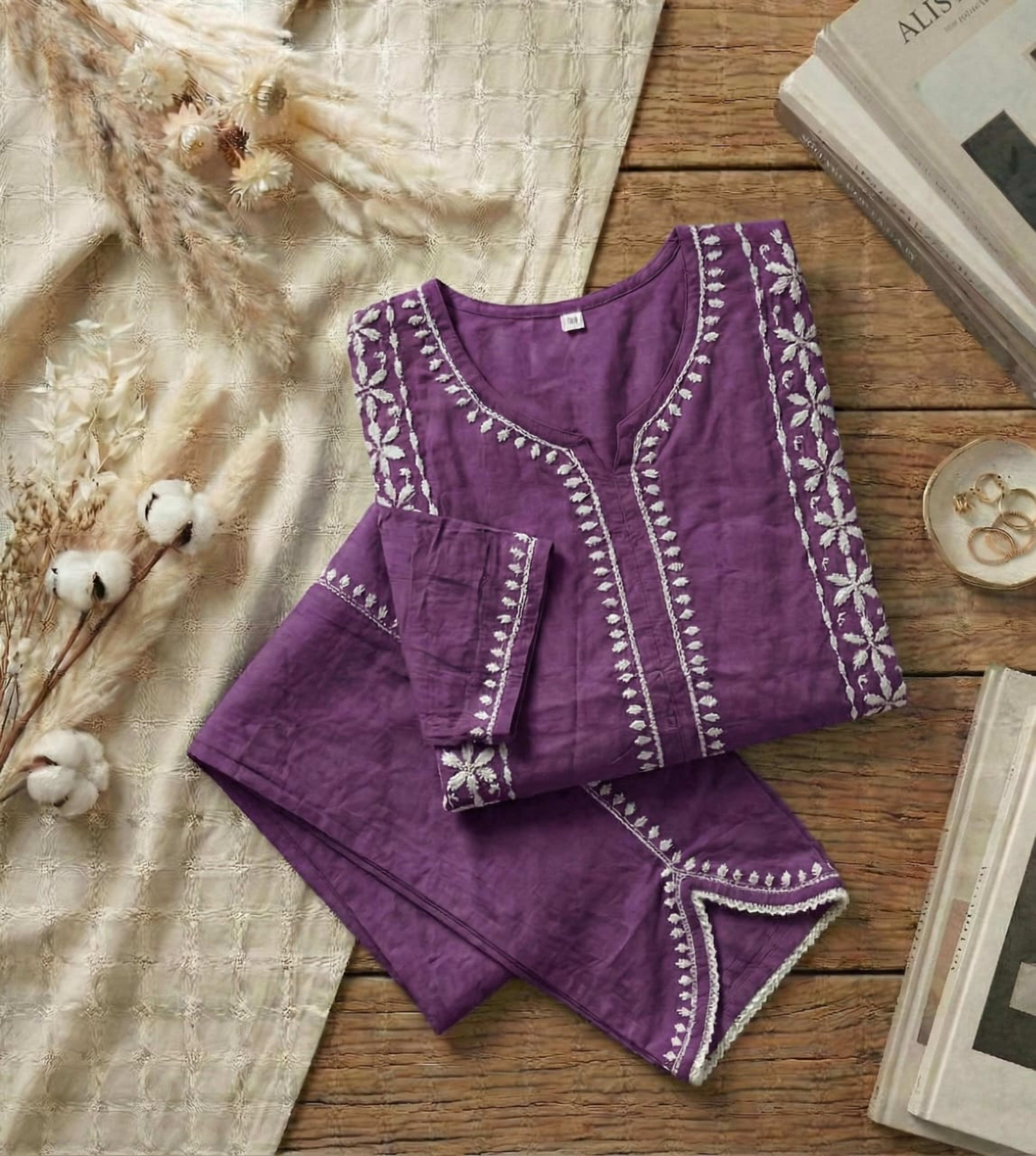 Premium Rayon Chikankari Short Kurti with Tulip Pants (Fusion Set) Lucknowi Chikankari - Full view 7