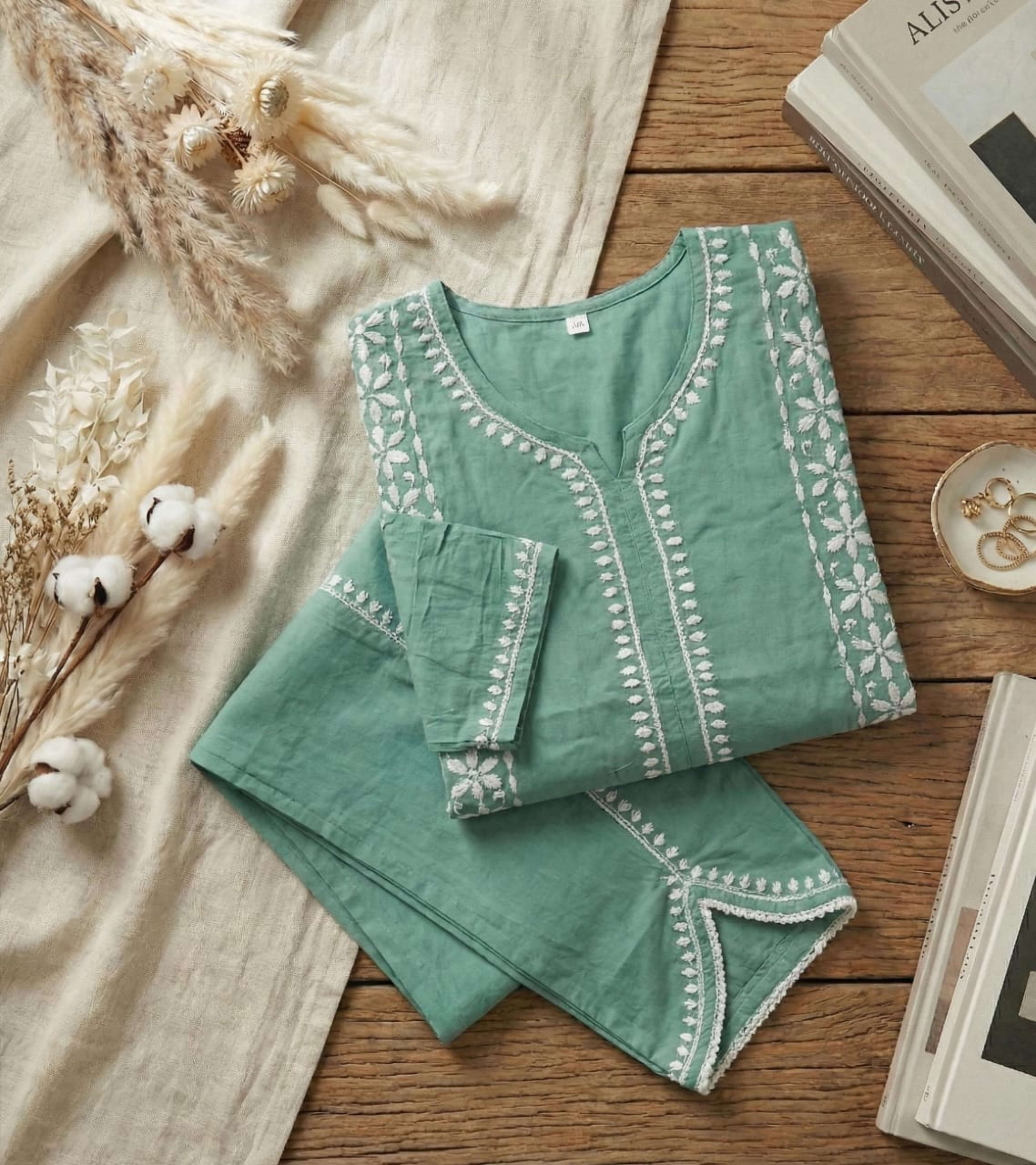 Premium Rayon Chikankari Short Kurti with Tulip Pants (Fusion Set) Lucknowi Chikankari - Full view 6