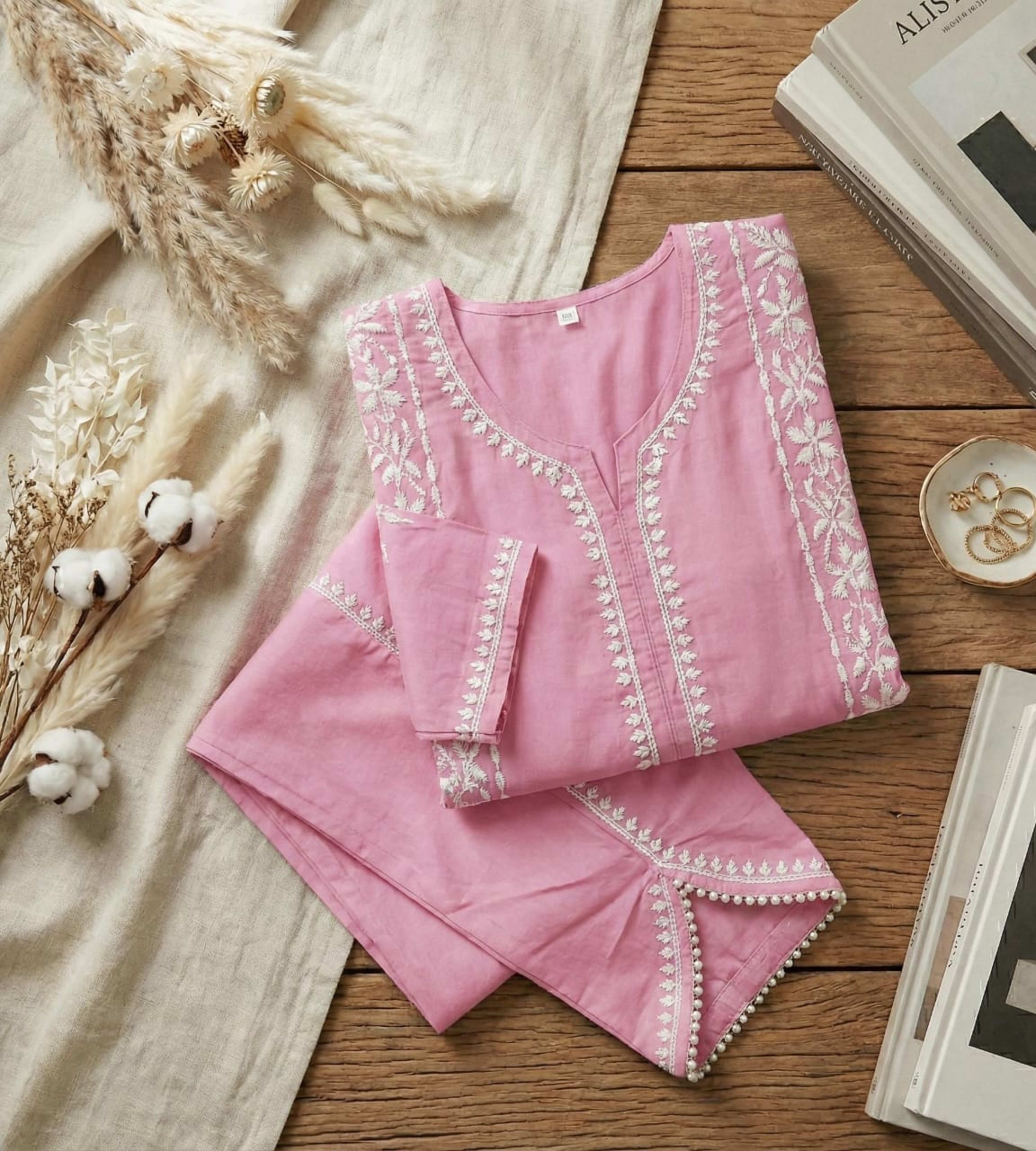 Premium Rayon Chikankari Short Kurti with Tulip Pants (Fusion Set) Lucknowi Chikankari - Full view 8