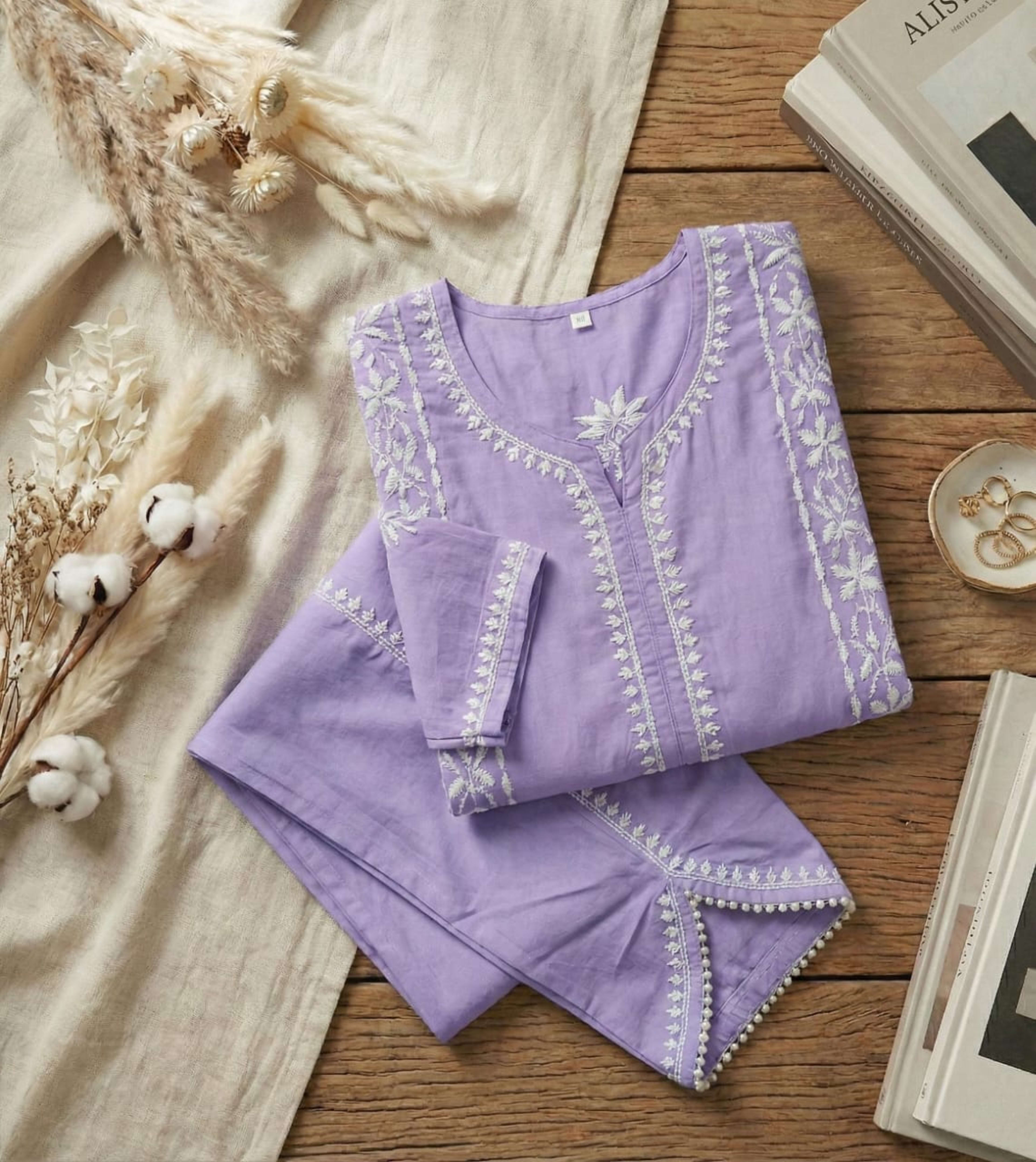 Premium Rayon Chikankari Short Kurti with Tulip Pants (Fusion Set) Lucknowi Chikankari - Full view 9